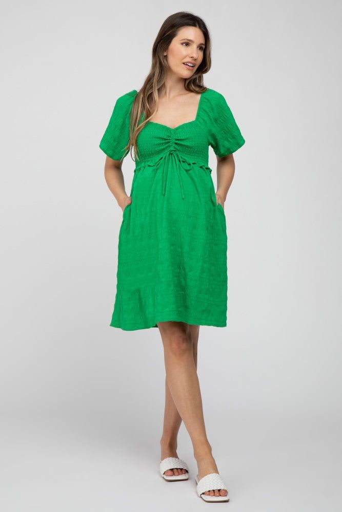 Green Smocked Ruched Tie Front Maternity Dress sold by Pinkblush product image thumbnail 5
