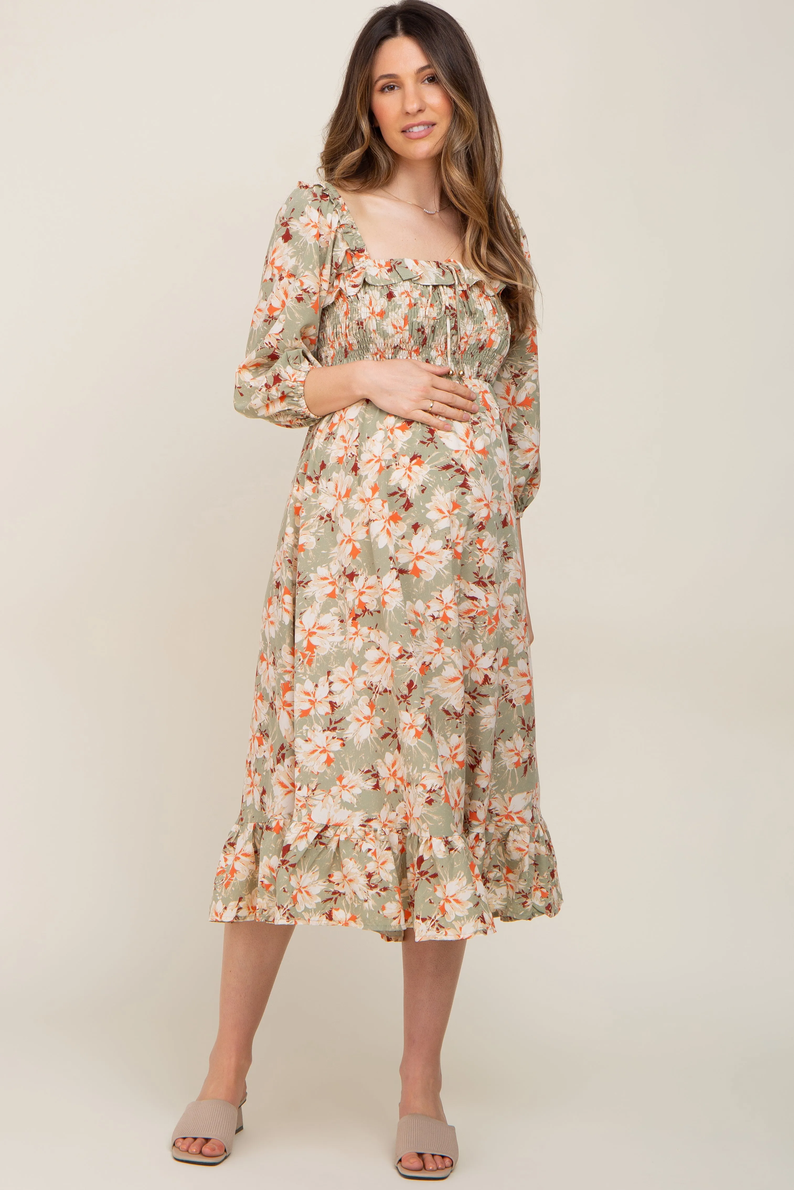 Light Olive Floral Ruffle Square Neck Smocked Front Tie Maternity Midi Dress sold by Pinkblush product image thumbnail 4