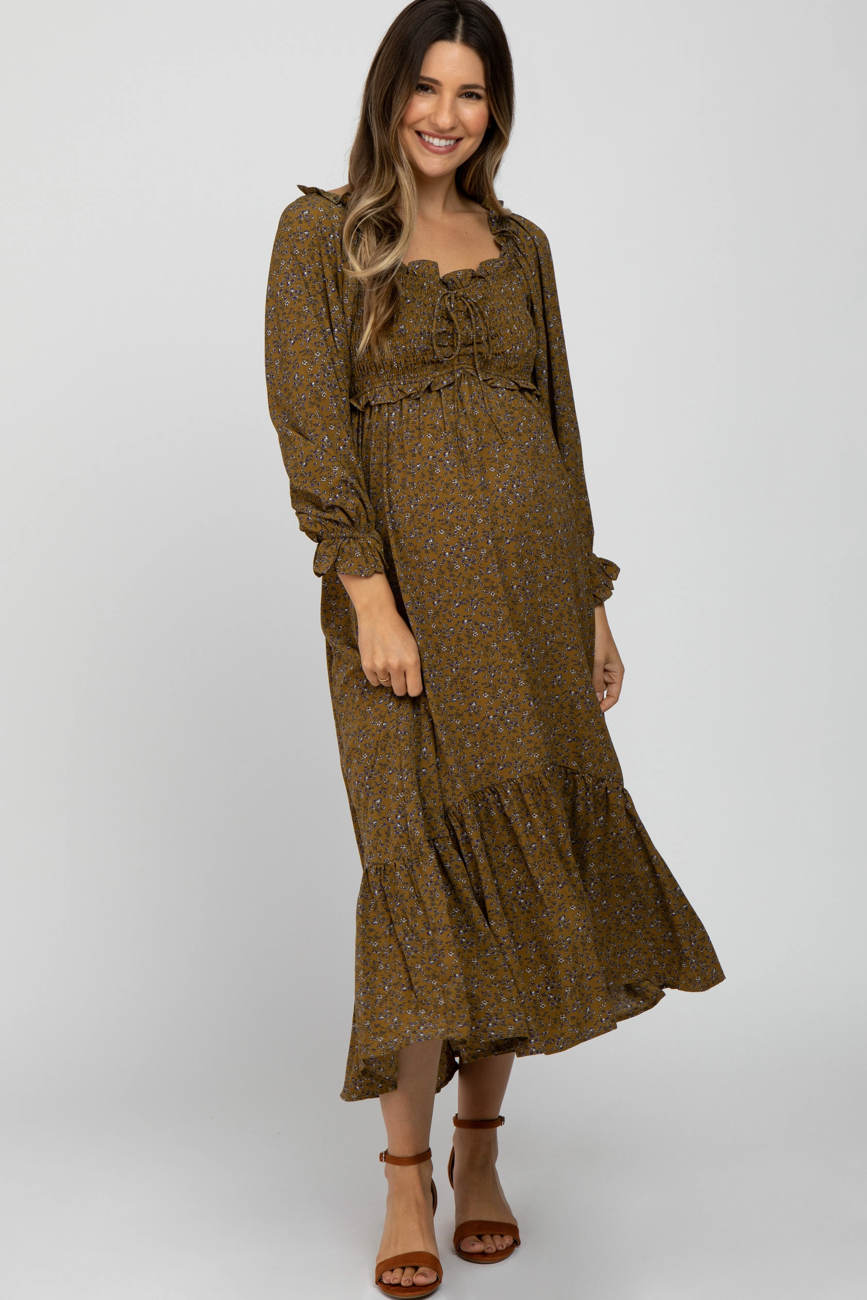 Olive Floral Ruffle Sweetheart Neck Maternity Midi Dress sold by Pinkblush product image thumbnail 2