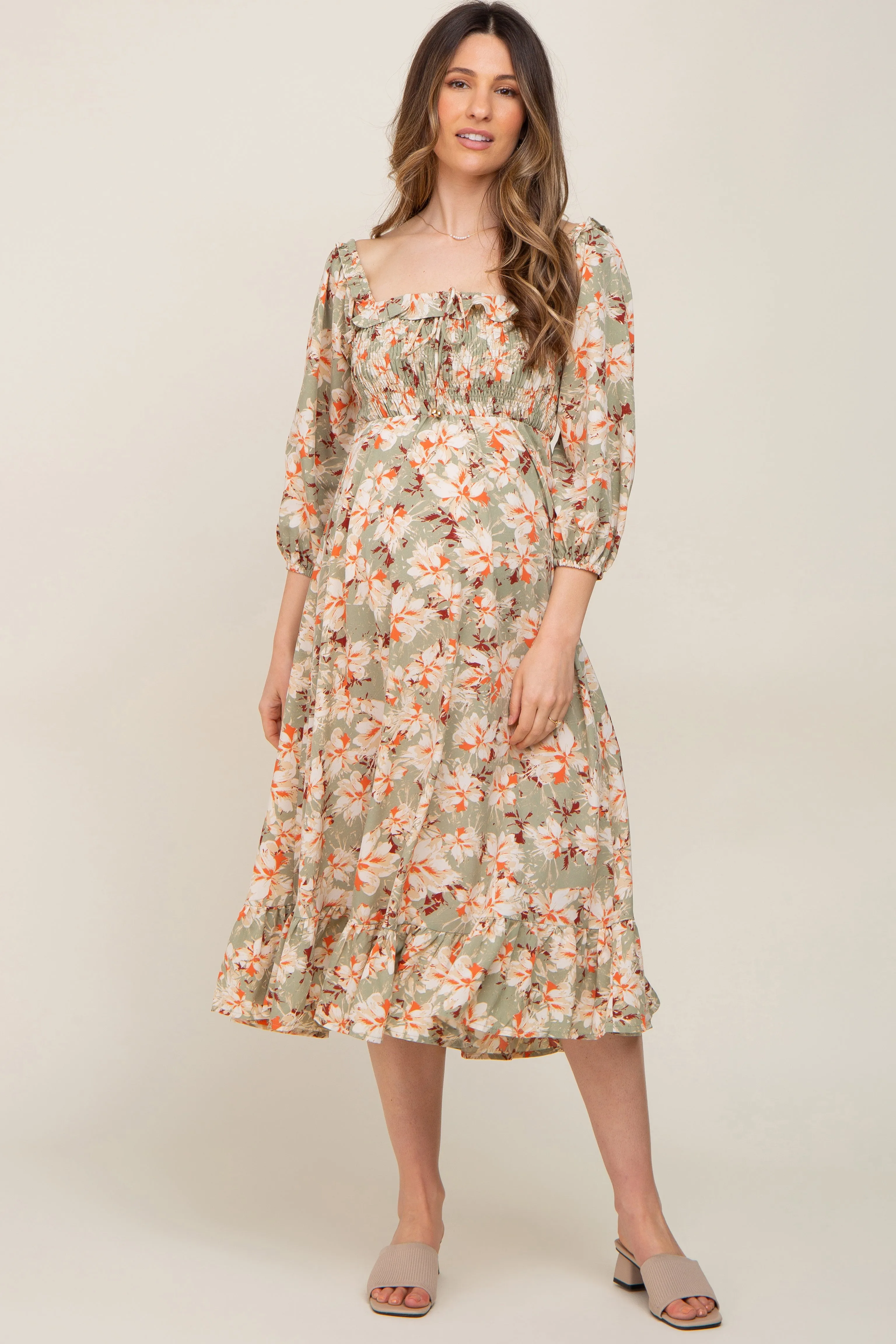 Light Olive Floral Ruffle Square Neck Smocked Front Tie Maternity Midi Dress sold by Pinkblush