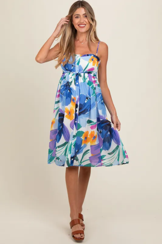 Blue Floral Smocked Chiffon Maternity Midi Dress sold by Pinkblush