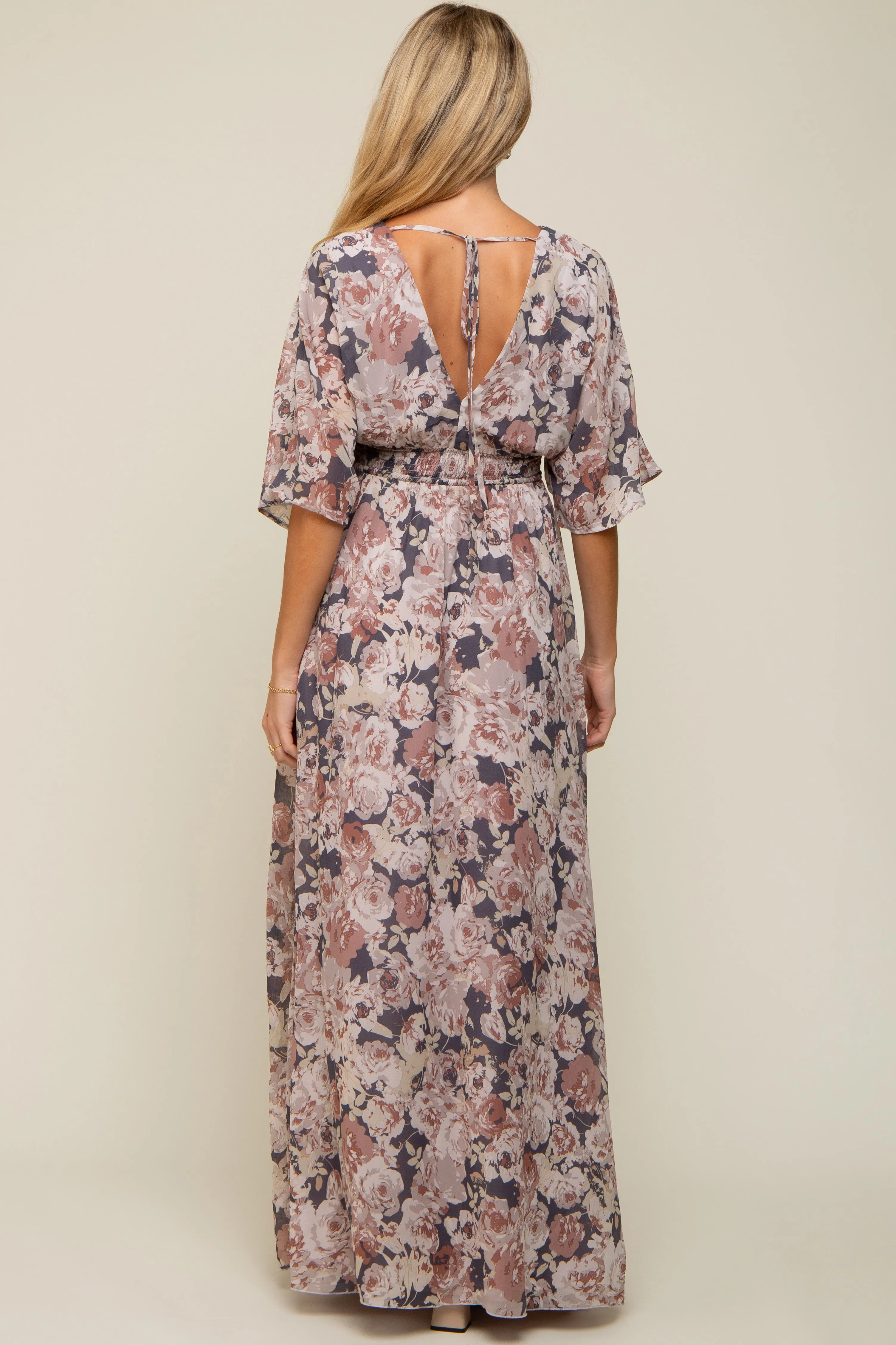 Mauve Floral Wrap Front V-Neck Smocked Waist Maternity Maxi Dress sold by Pinkblush product image thumbnail 3