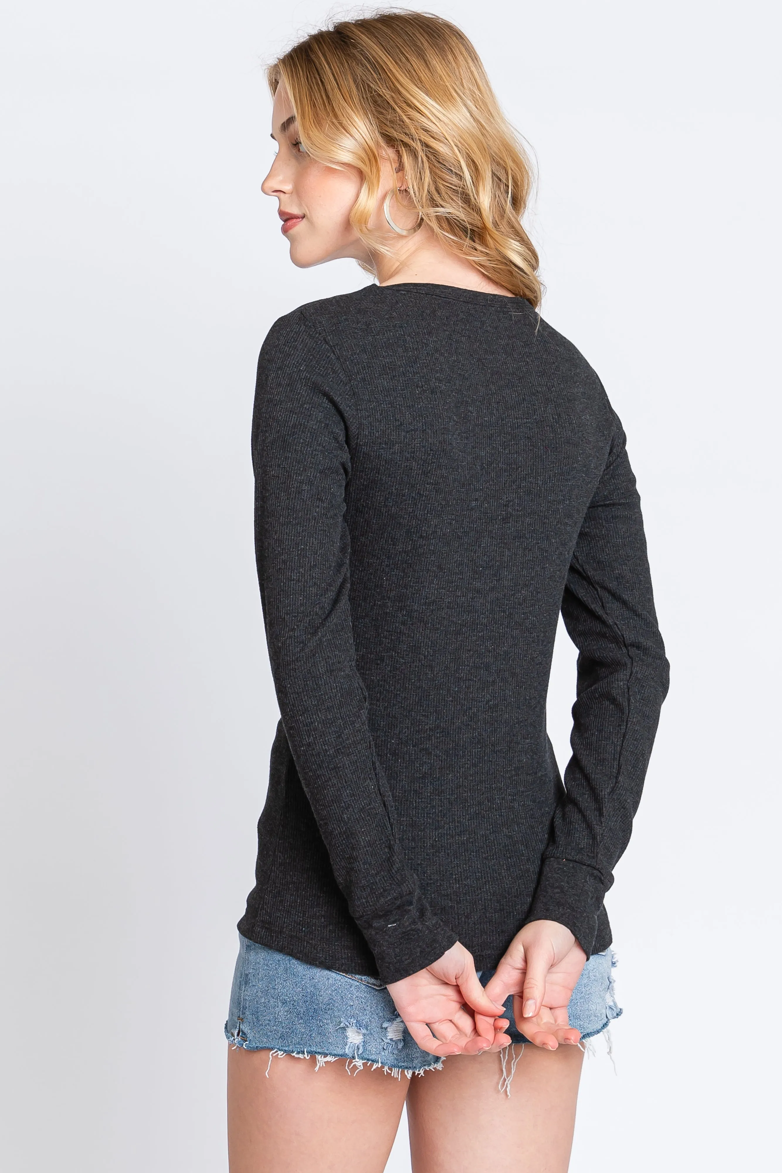 Charcoal Waffle Knit Basic Long Sleeve Top sold by Pinkblush product image thumbnail 3