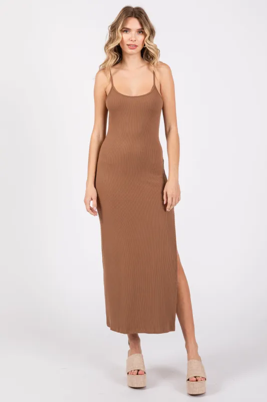 Mocha Ribbed Sleeveless Side Slit Dress sold by Pinkblush