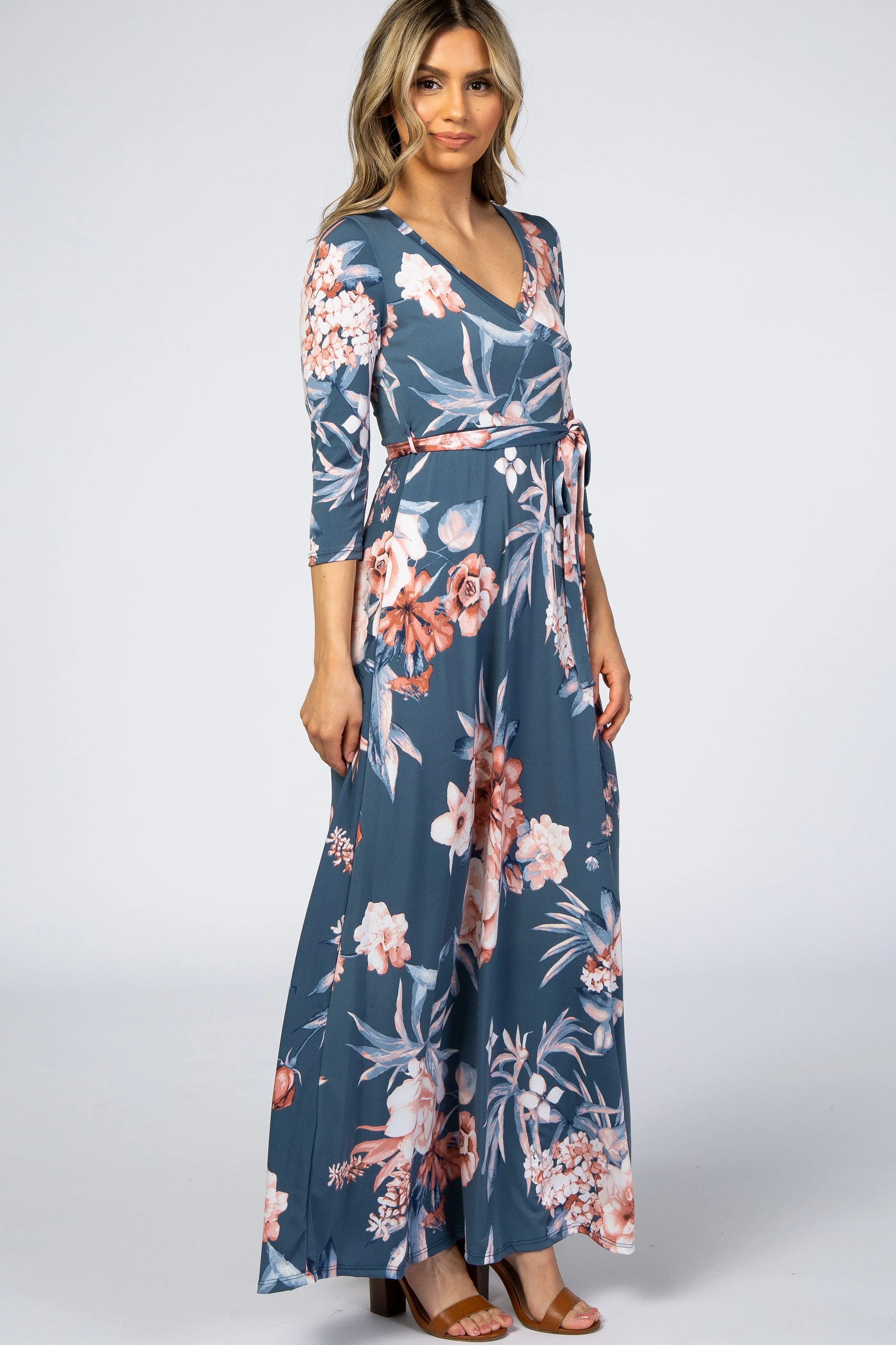 Blue Pink Floral Wrap Maxi Dress sold by Pinkblush product image thumbnail 2