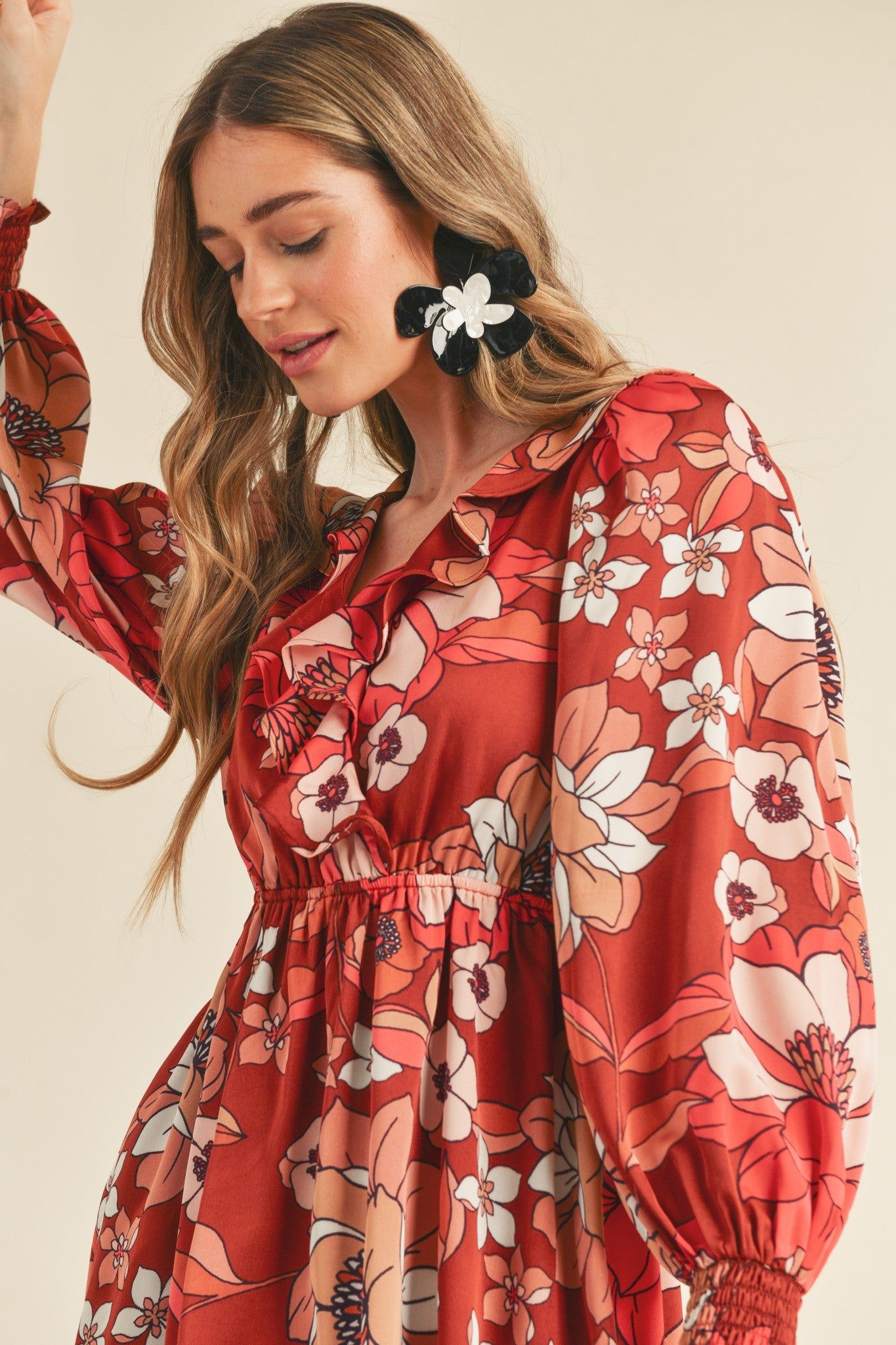 Brick Multi Floral Ruffle Trim Mini Dress sold by Pinkblush product image thumbnail 4