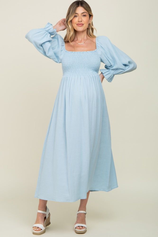 Light Blue Gauze Smocked Maternity Midi Dress sold by Pinkblush product image thumbnail 4