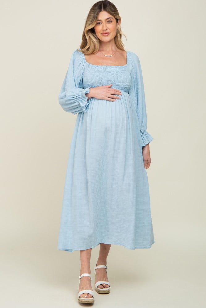 Light Blue Gauze Smocked Maternity Midi Dress sold by Pinkblush