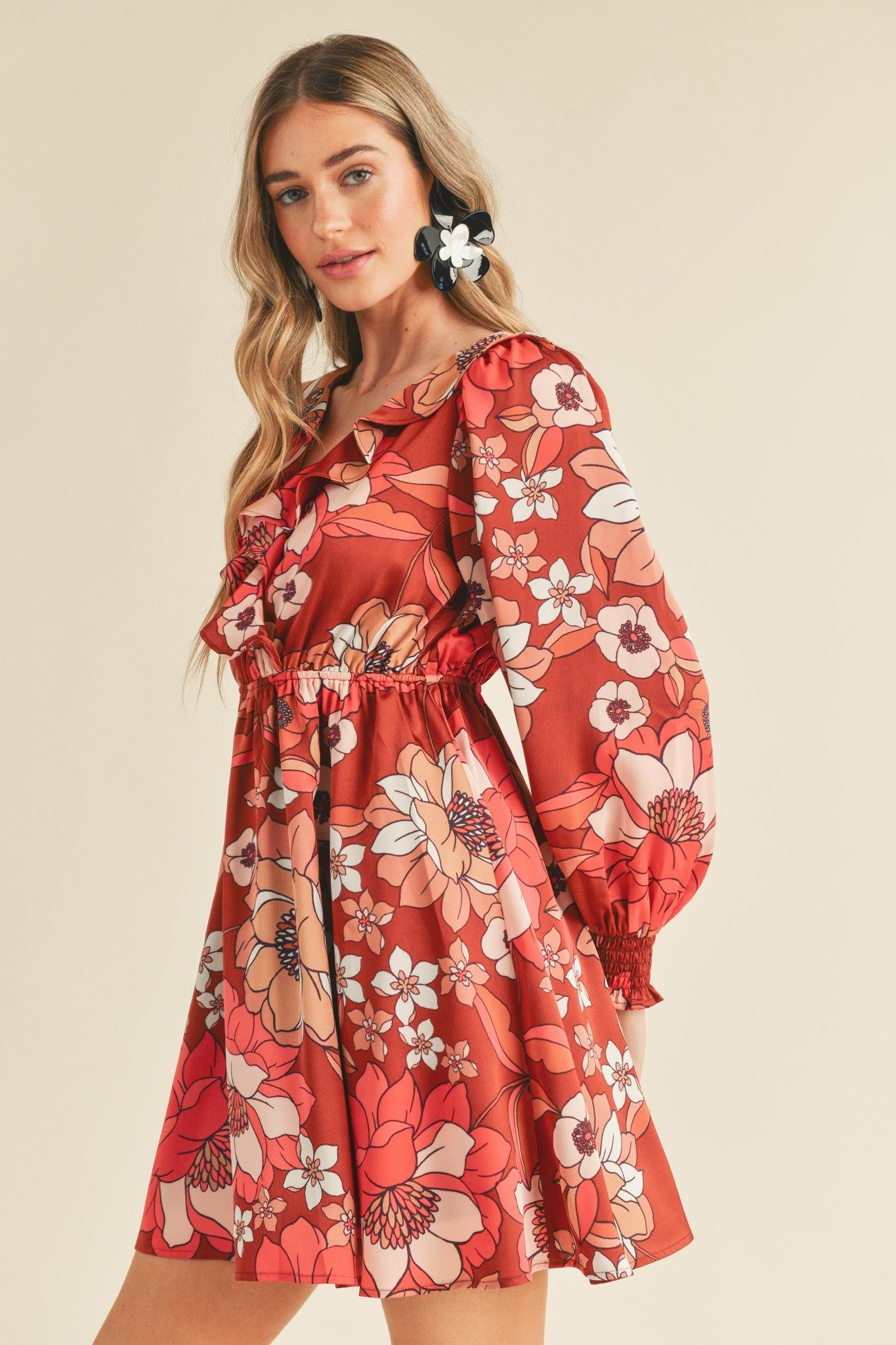 Brick Multi Floral Ruffle Trim Mini Dress sold by Pinkblush product image thumbnail 3