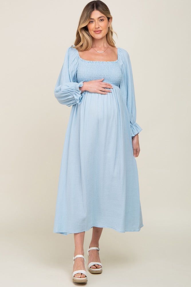 Light Blue Gauze Smocked Maternity Midi Dress sold by Pinkblush product image thumbnail 5