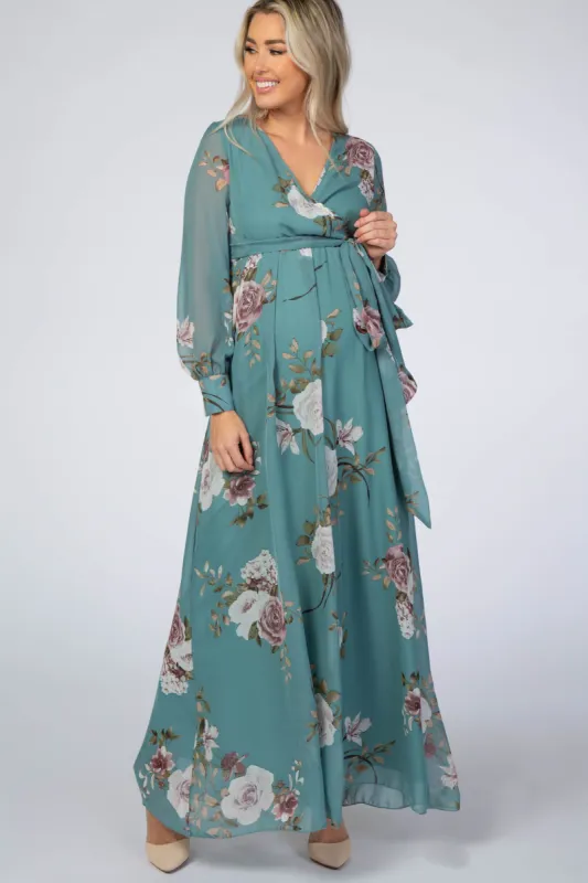 Teal Floral Chiffon Maternity Maxi Dress sold by Pinkblush