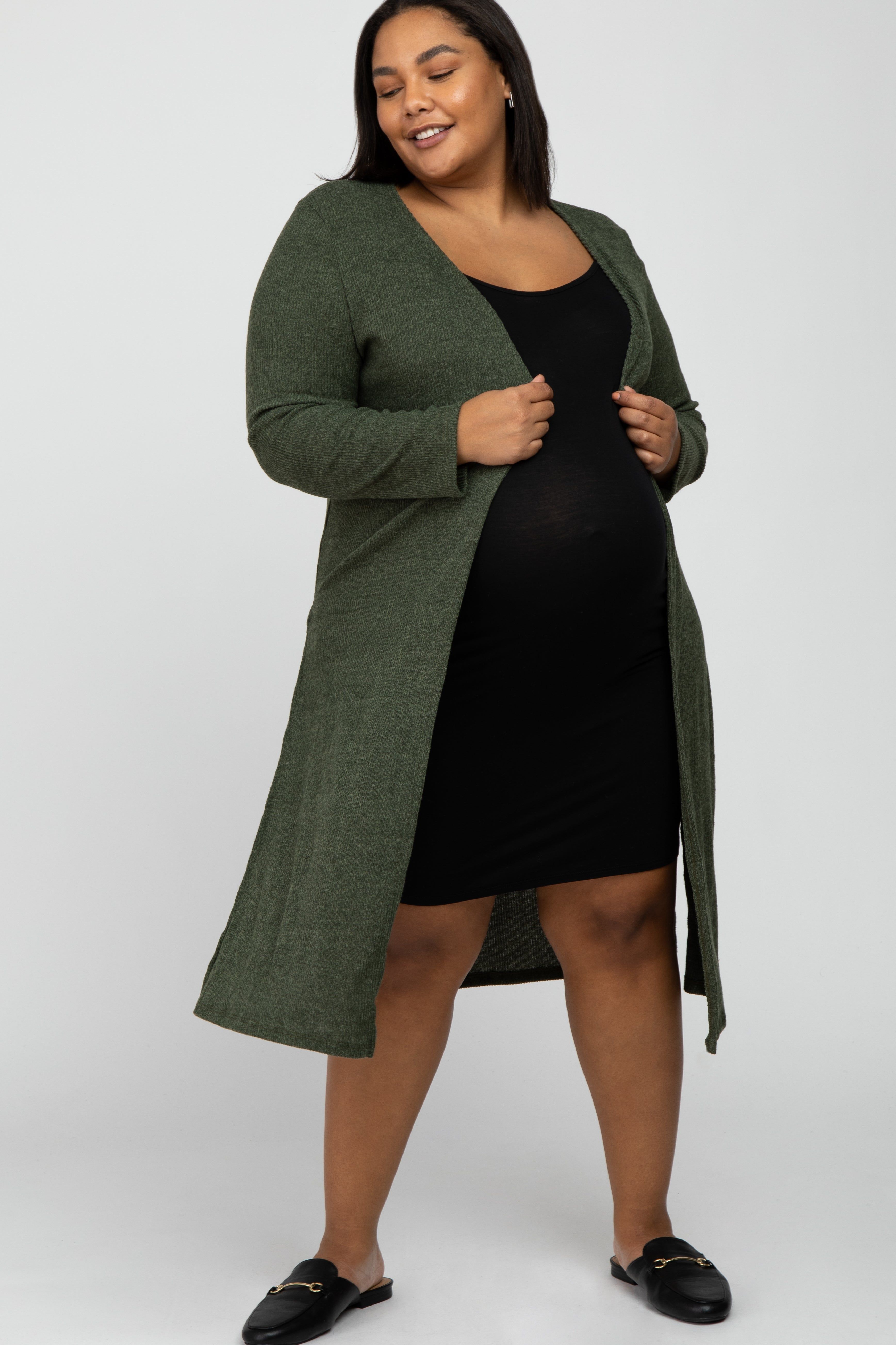 Olive Heathered Ribbed Side Slit Long Plus Maternity Cardigan sold by Pinkblush