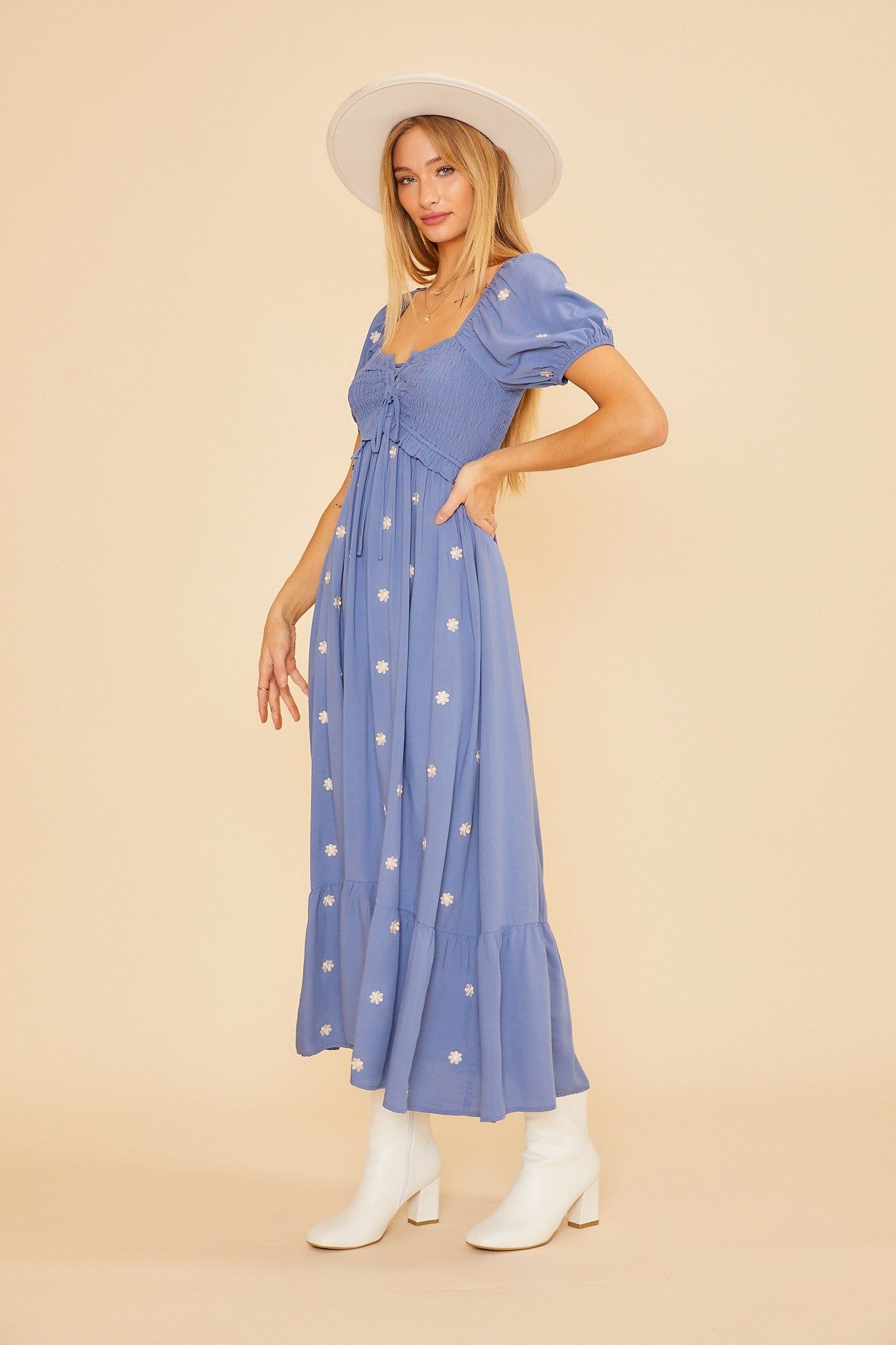 Blue Floral Embroidered Smocked Maxi Dress sold by Pinkblush product image thumbnail 2