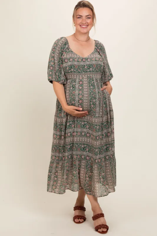 Forest Green Paisley Print Maternity Maxi Dress sold by Pinkblush