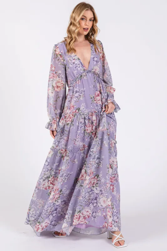 Lavender Floral Chiffon Deep V Ruffle Tiered Maxi Dress sold by Pinkblush