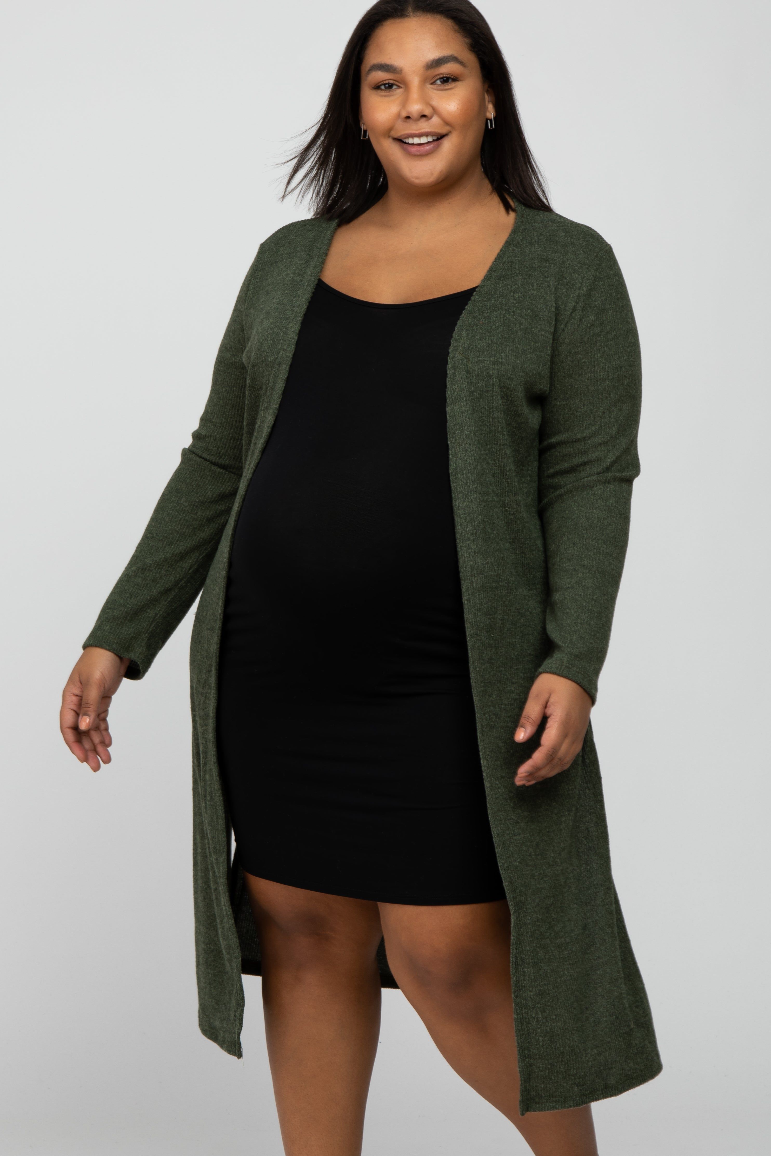 Olive Heathered Ribbed Side Slit Long Plus Maternity Cardigan sold by Pinkblush product image thumbnail 2