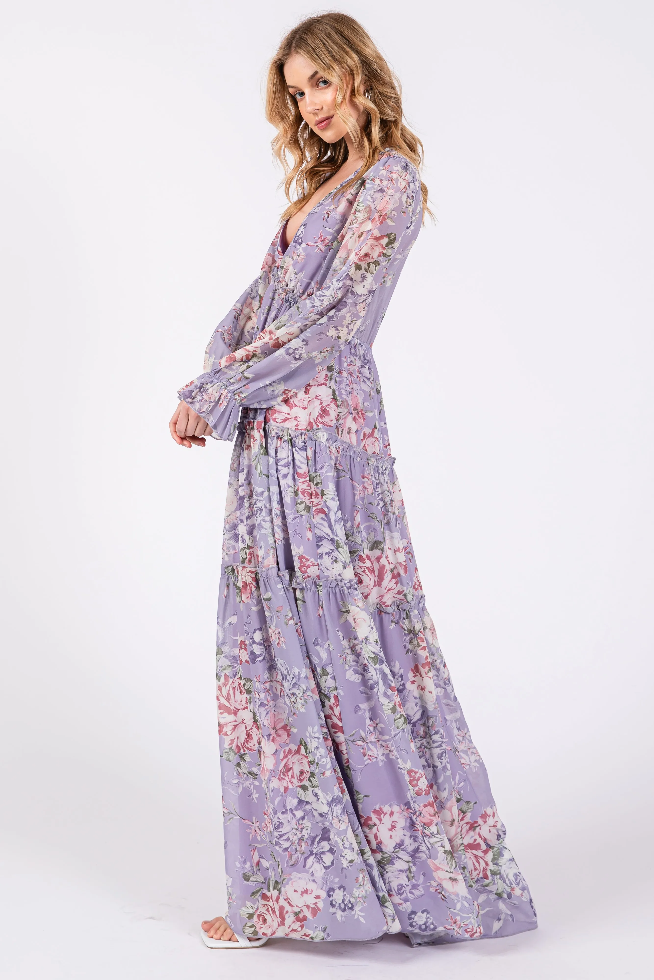 Lavender Floral Chiffon Deep V Ruffle Tiered Maxi Dress sold by Pinkblush product image thumbnail 2