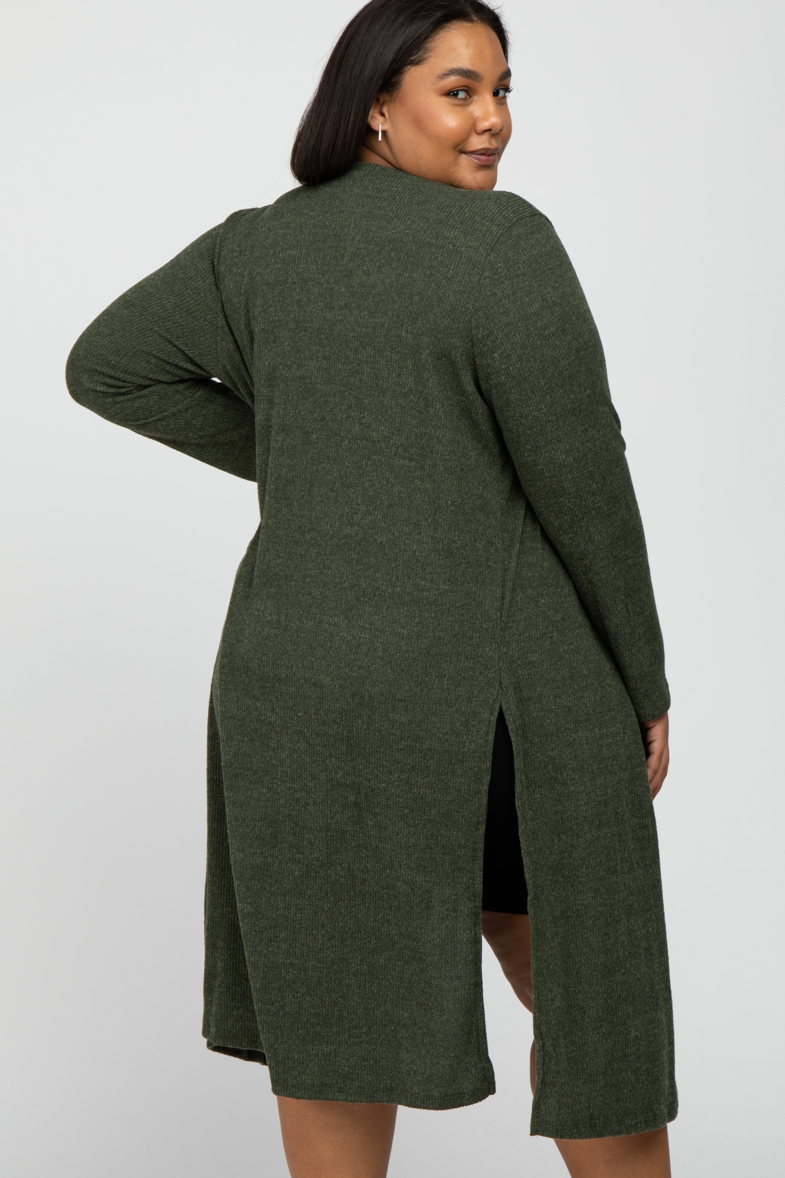Olive Heathered Ribbed Side Slit Long Plus Maternity Cardigan sold by Pinkblush product image thumbnail 3