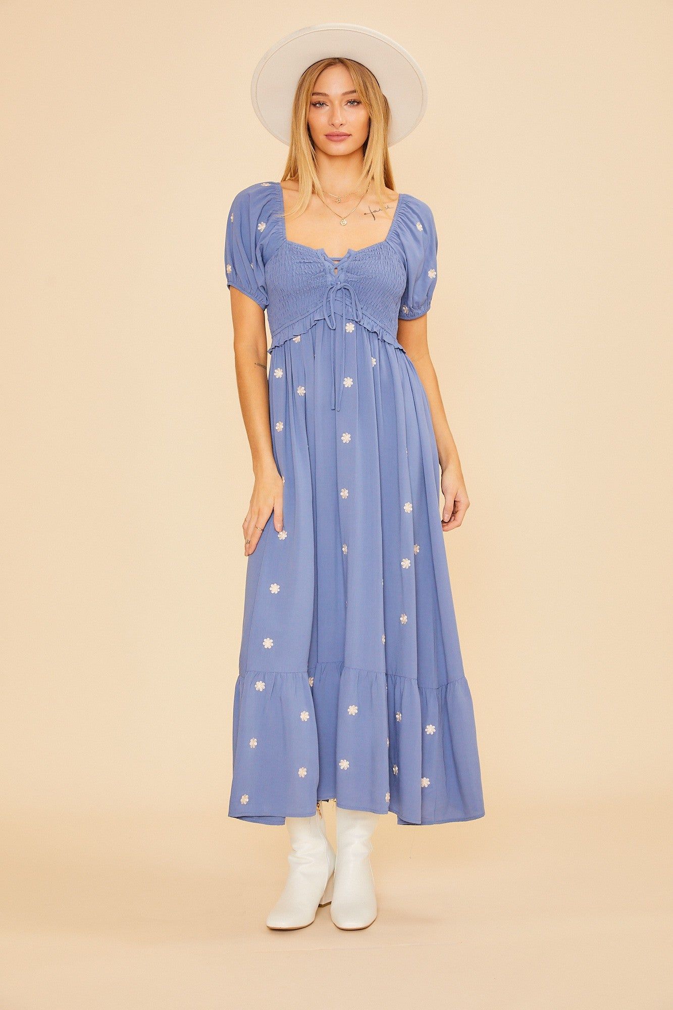 Blue Floral Embroidered Smocked Maxi Dress sold by Pinkblush