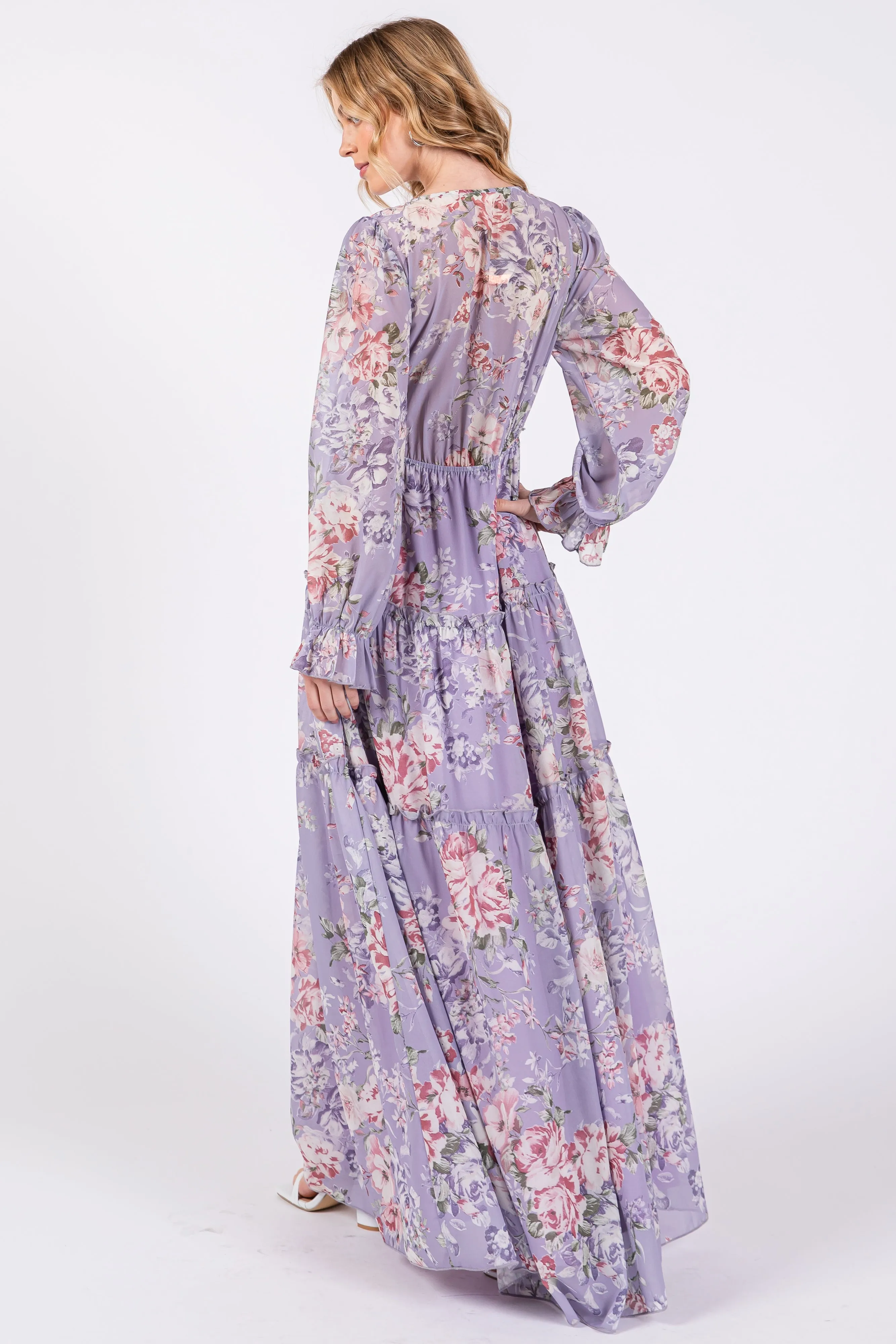 Lavender Floral Chiffon Deep V Ruffle Tiered Maxi Dress sold by Pinkblush product image thumbnail 3