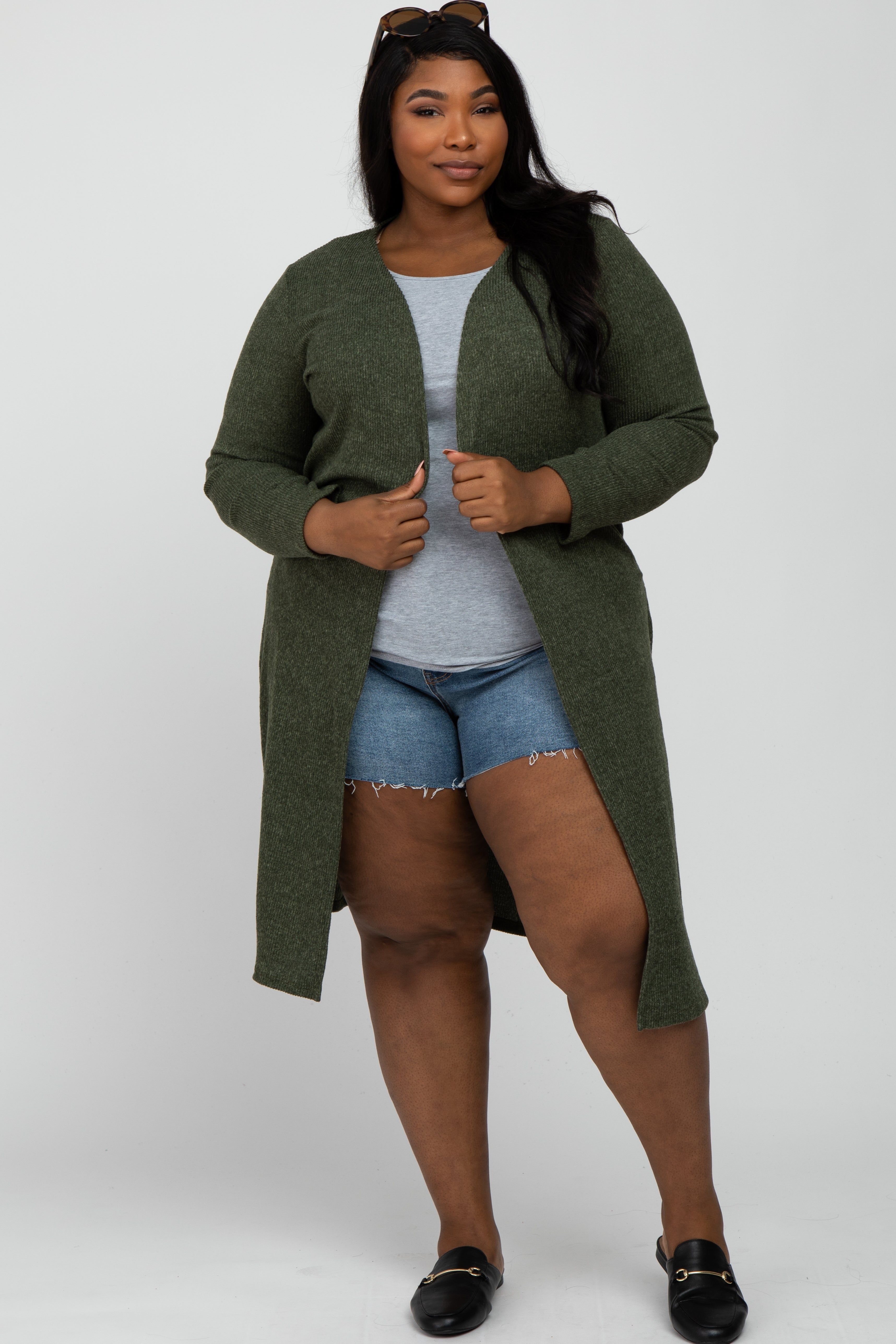 Olive Heathered Ribbed Side Slit Long Plus Maternity Cardigan sold by Pinkblush product image thumbnail 4