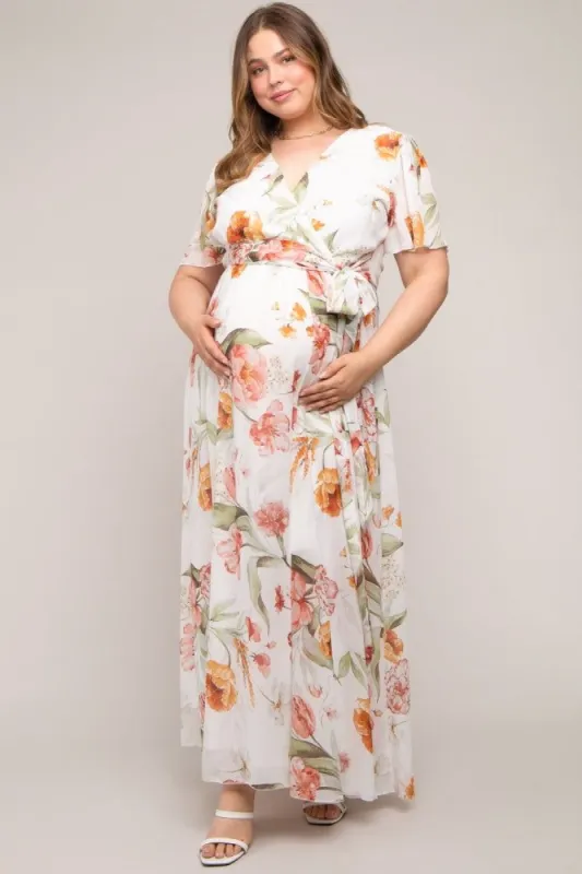 White Floral Chiffon Wrap Front Short Sleeve Maternity Plus Maxi Dress sold by Pinkblush
