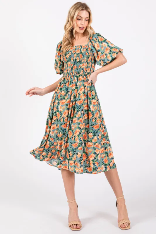 Blue Floral Square Neck Smocked Short Puff Sleeve Midi Dress sold by Pinkblush