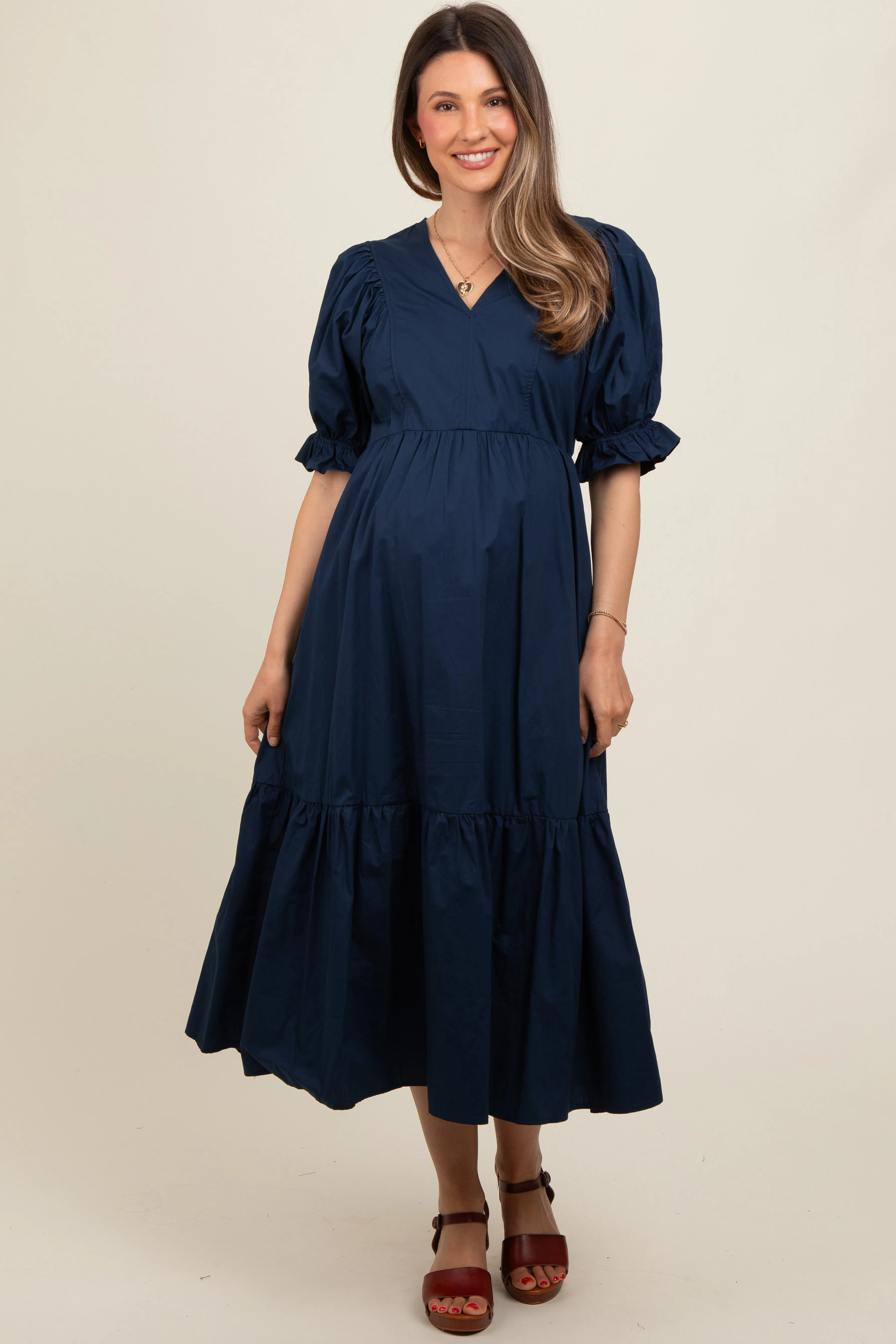 Navy Short Puff Sleeve Tiered Maternity Midi Dress sold by Pinkblush