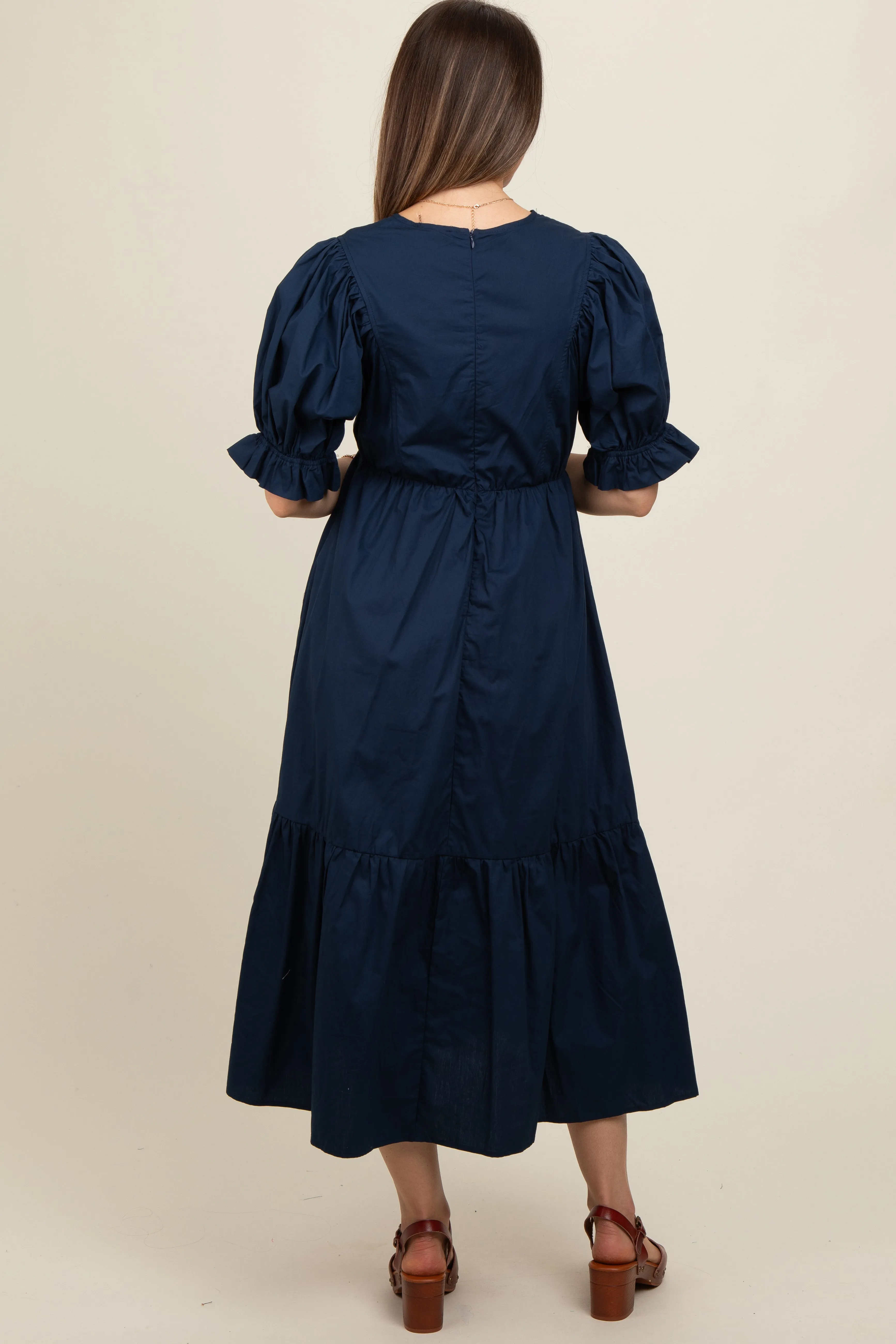 Navy Short Puff Sleeve Tiered Maternity Midi Dress sold by Pinkblush product image thumbnail 2