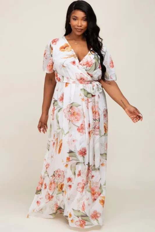 White Floral Chiffon Wrap Front Short Sleeve Plus Maxi Dress sold by Pinkblush