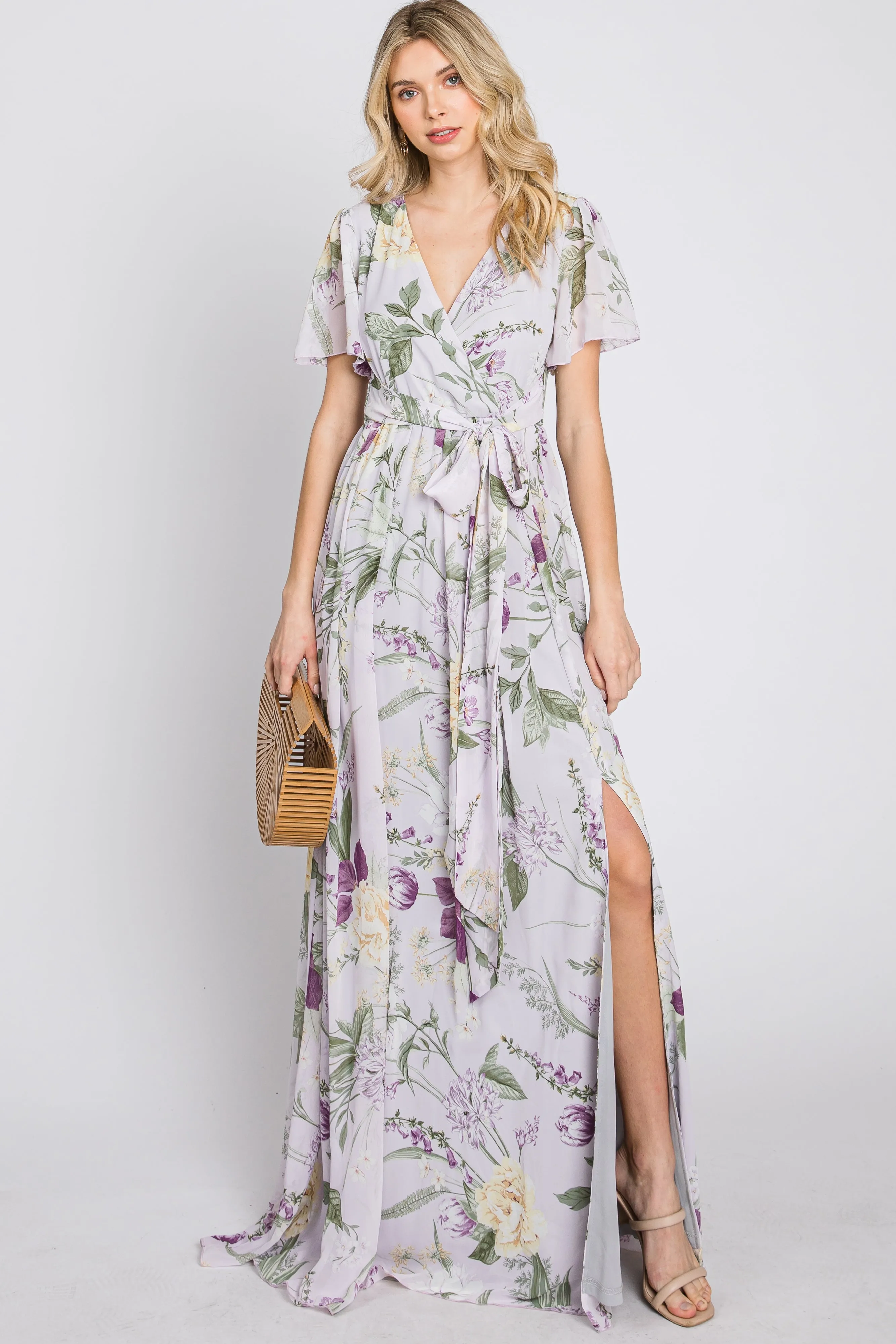 Lavender Floral Chiffon Short Sleeve Maternity Maxi Dress sold by Pinkblush product image thumbnail 4