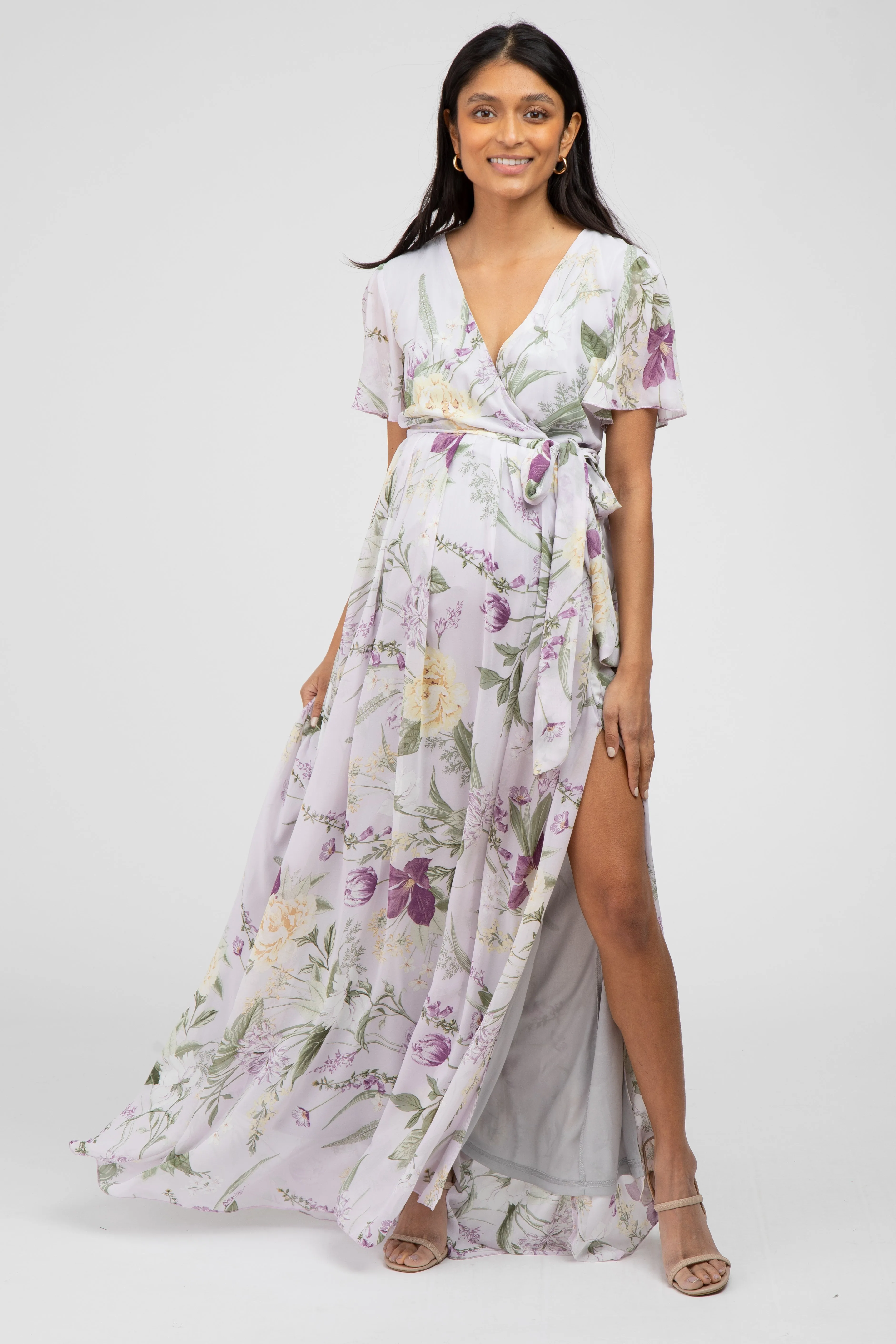 Lavender Floral Chiffon Short Sleeve Maternity Maxi Dress sold by Pinkblush