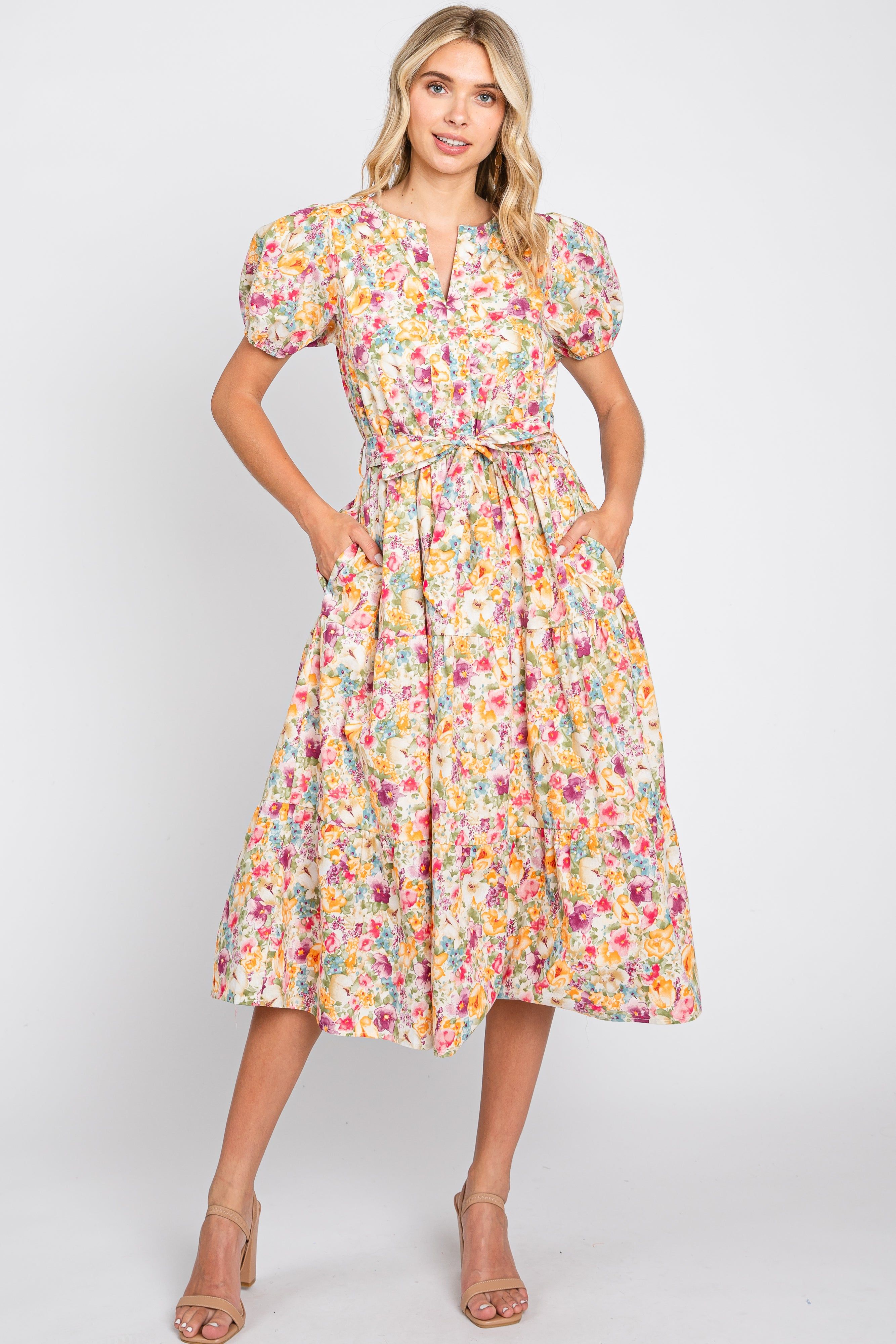 Lavender Floral Puff Sleeve Tiered Midi Dress sold by Pinkblush