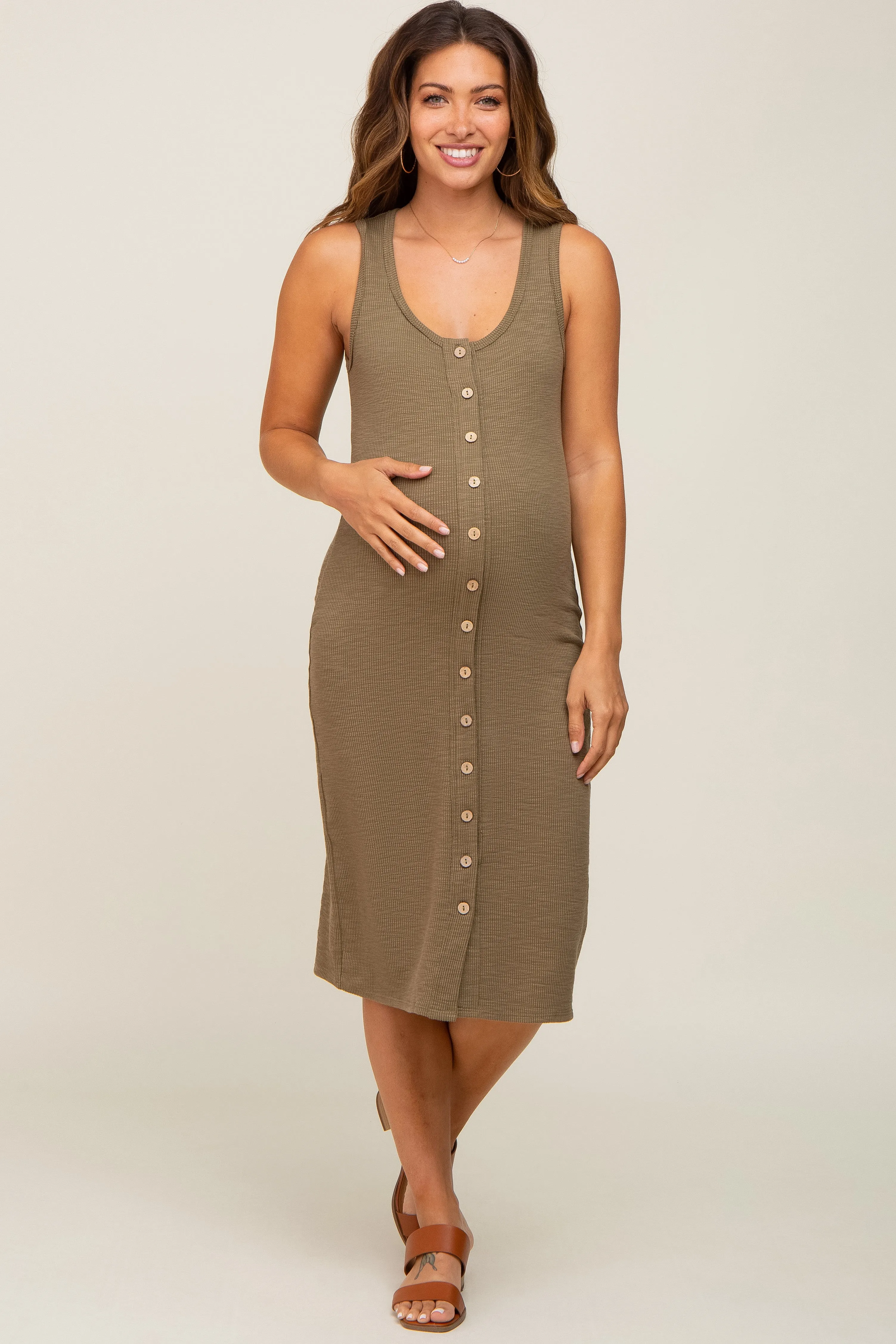 Olive Ribbed Button Front Maternity Midi Dress sold by Pinkblush product image thumbnail 2