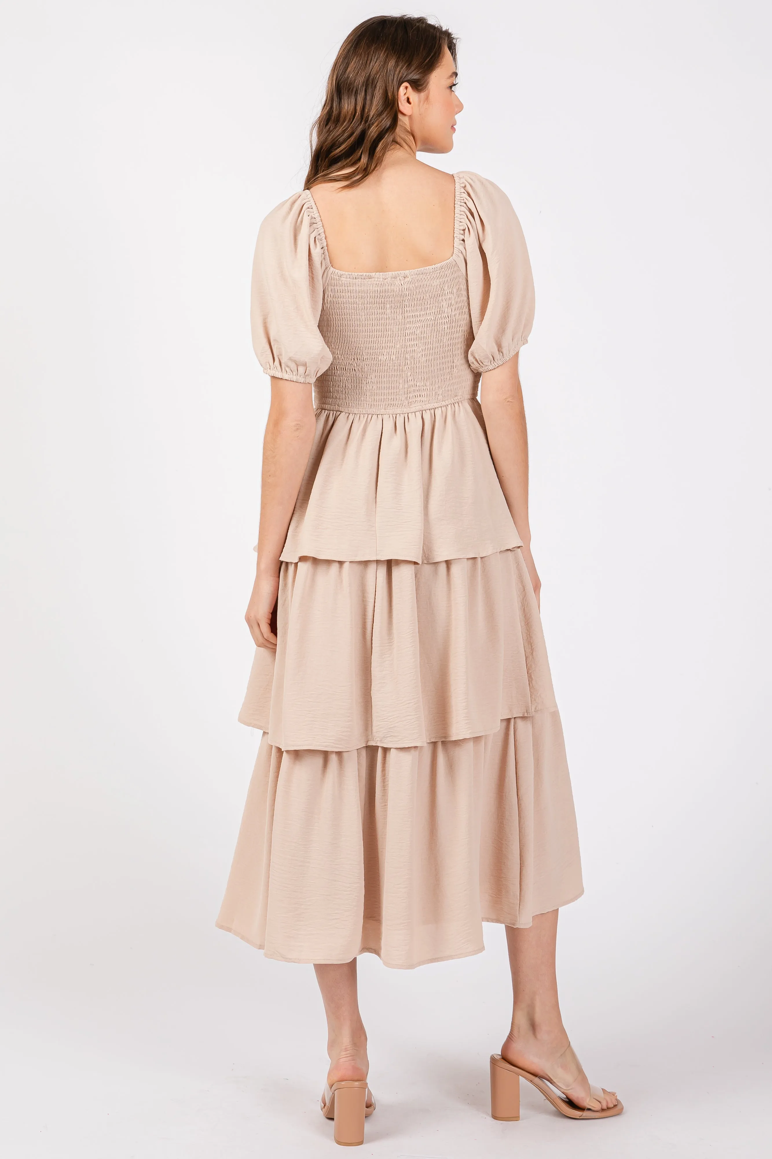 Beige Smocked Square Neck Short Puff Sleeve Ruffle Tiered Midi Dress sold by Pinkblush product image thumbnail 3