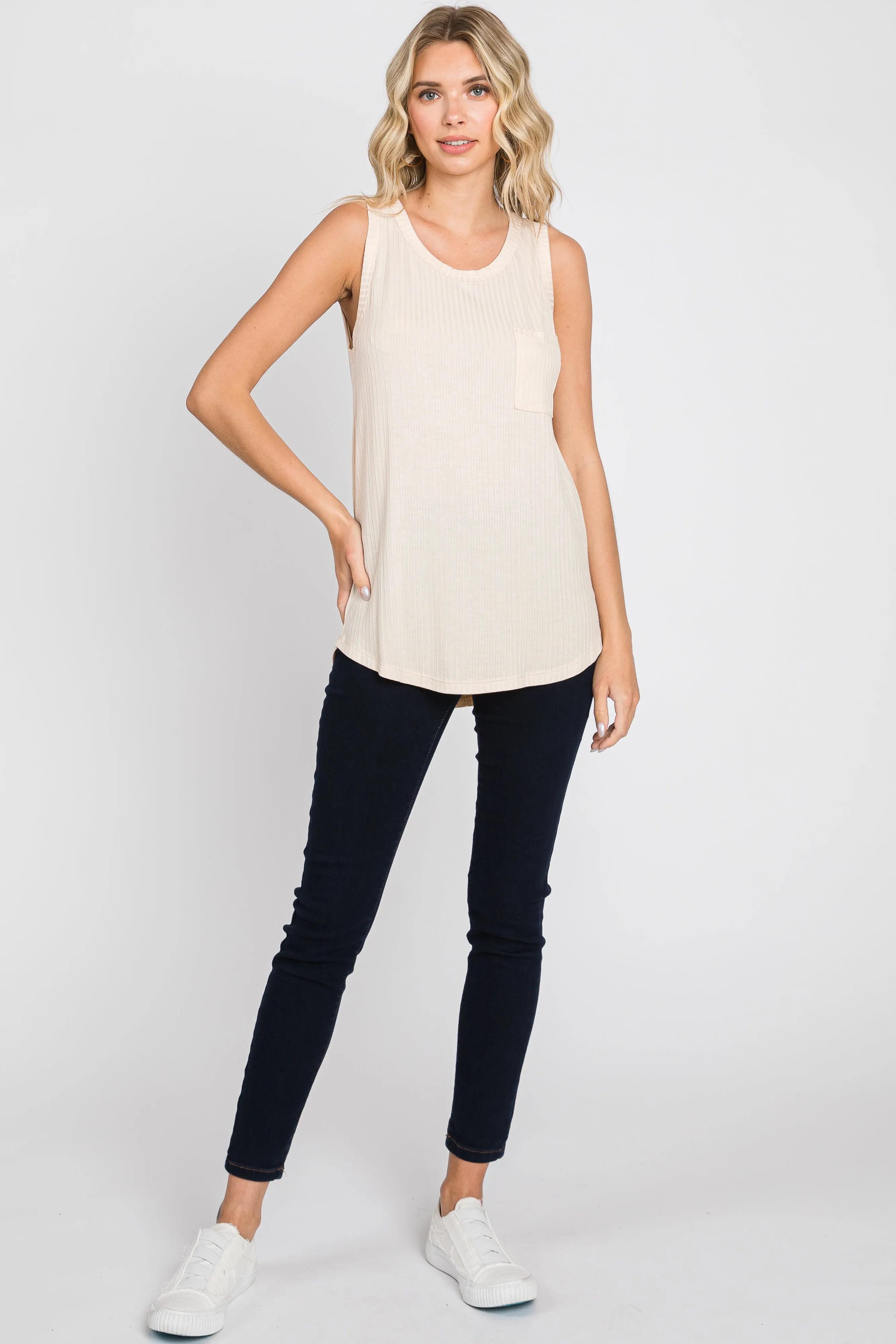 Cream Ribbed Front Pocket Tank sold by Pinkblush product image thumbnail 4