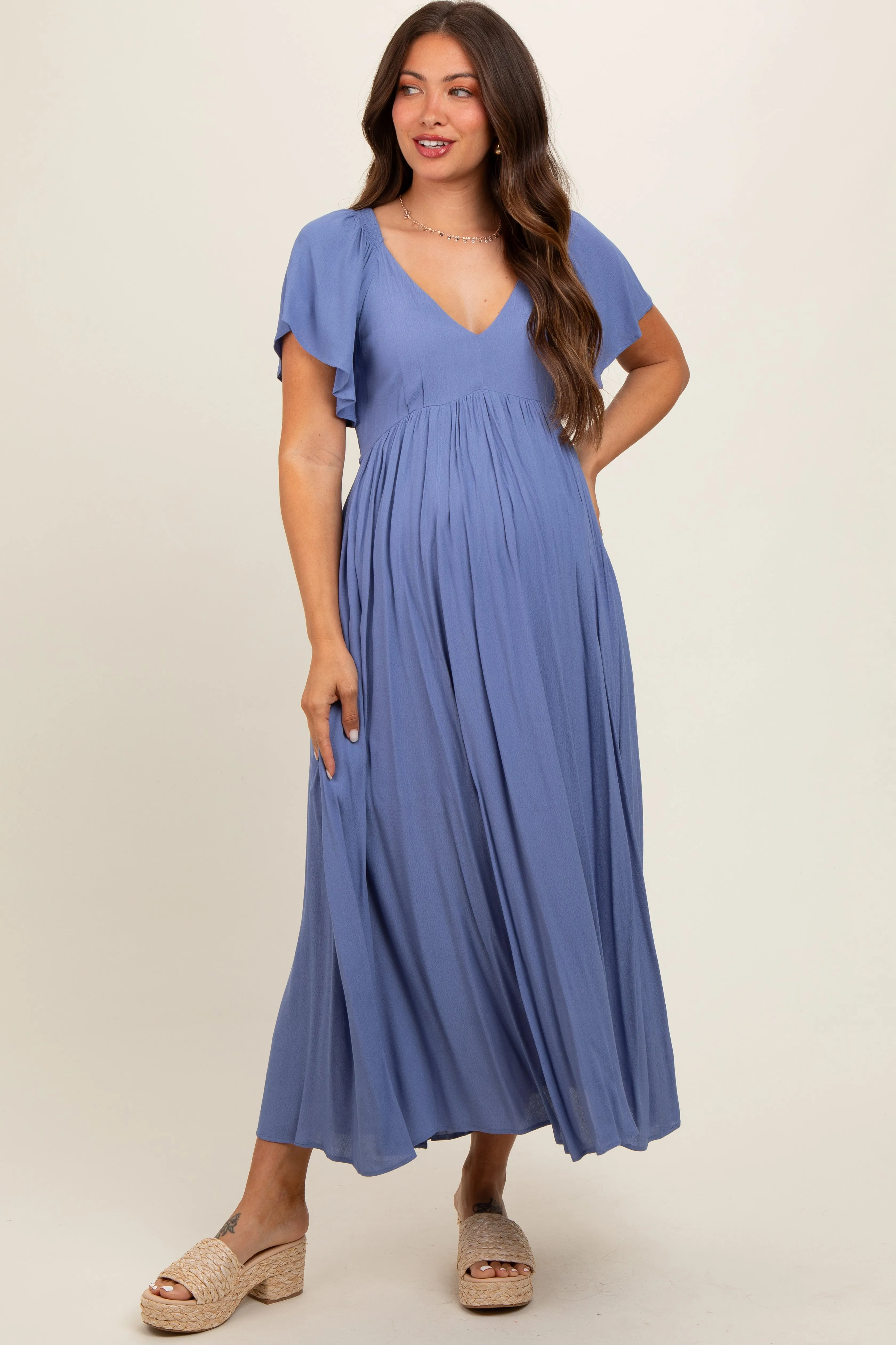 Blue V-Neck Flutter Short Sleeve Maternity Midi Dress sold by Pinkblush product image thumbnail 2
