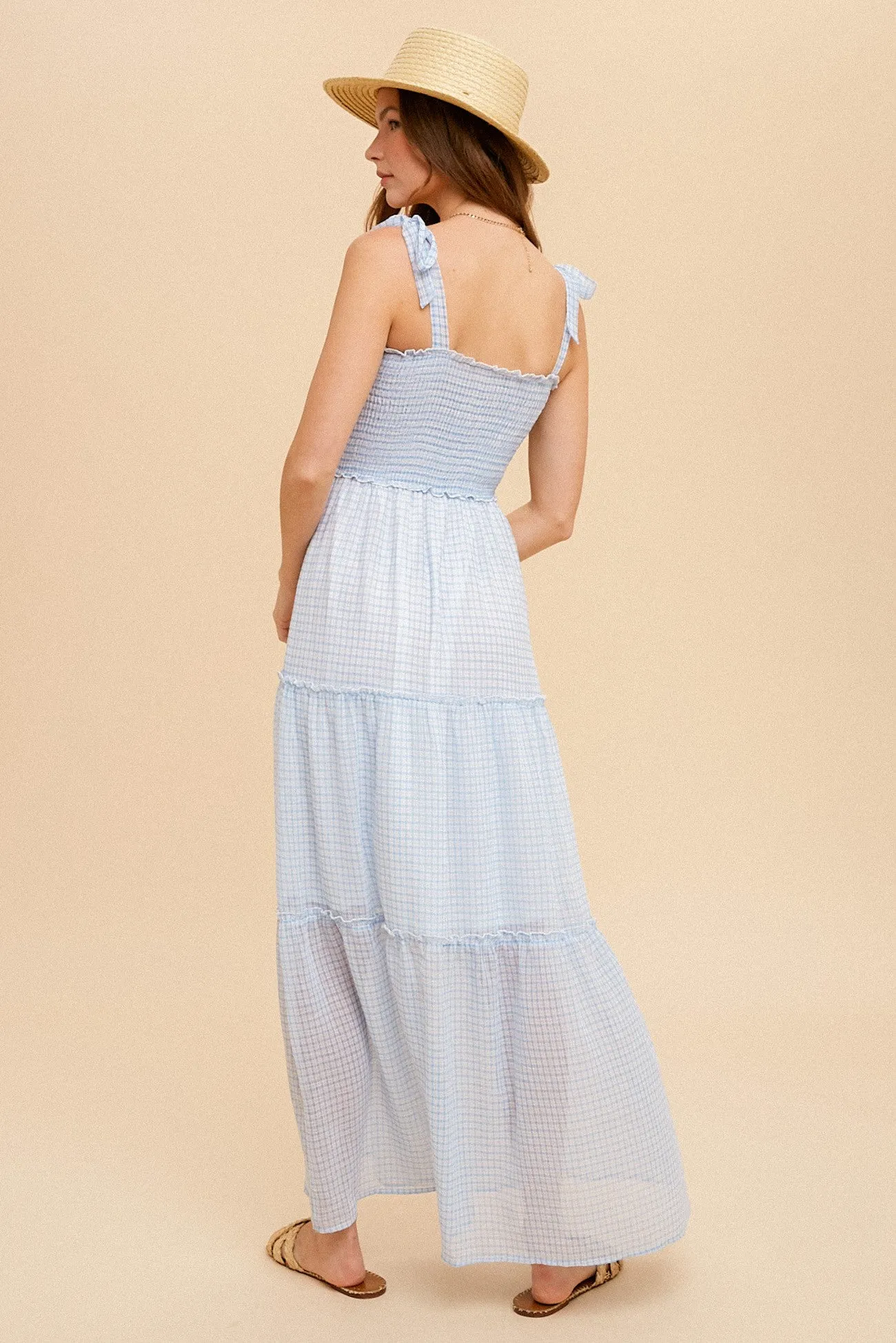 Blue Tie Shoulder Smock Tiered Check Chiffon Dress sold by Pinkblush product image thumbnail 3