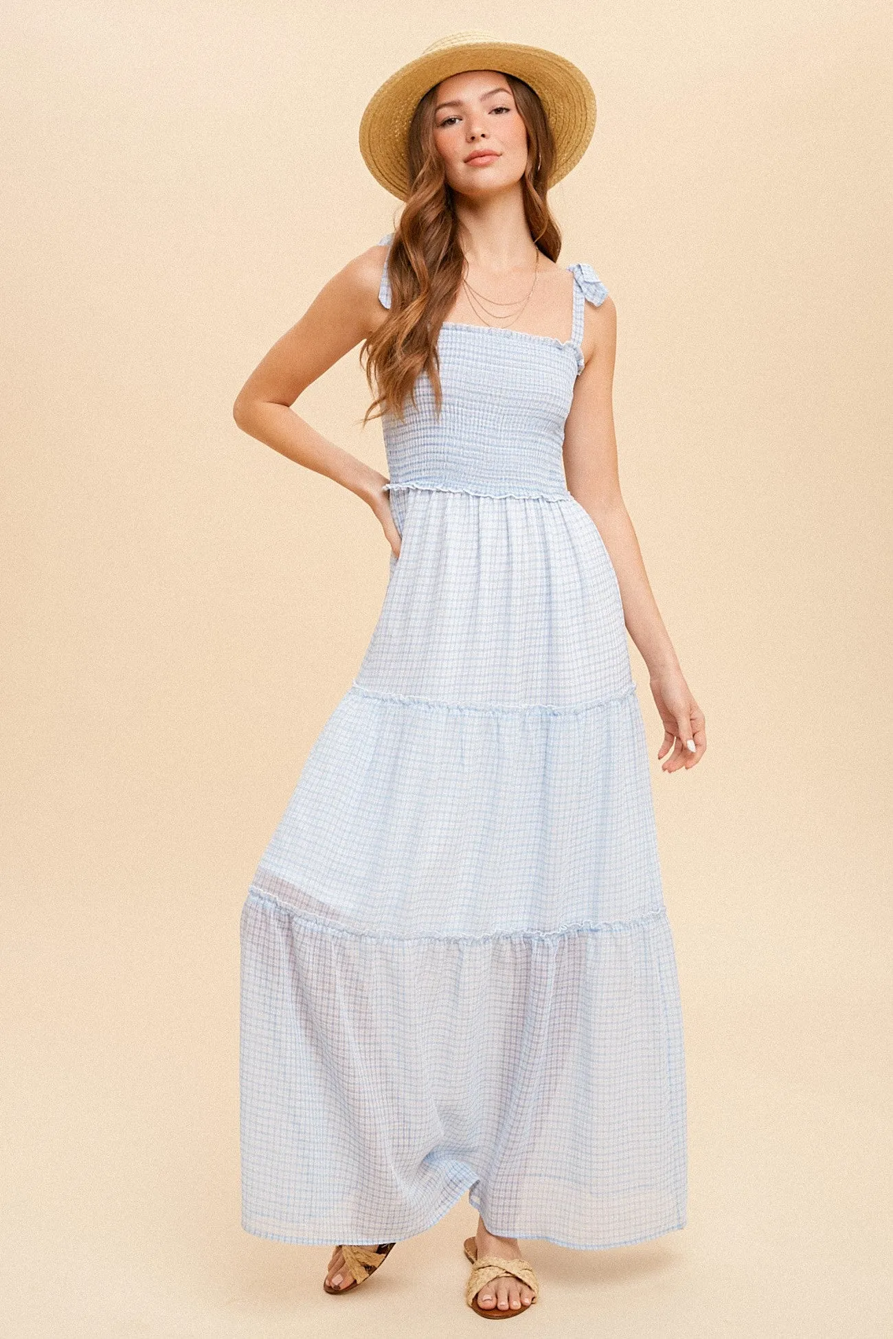 Blue Tie Shoulder Smock Tiered Check Chiffon Dress sold by Pinkblush
