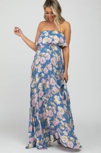 Blue Floral Strapless Ruffle Front Maternity Maxi Dress sold by Pinkblush