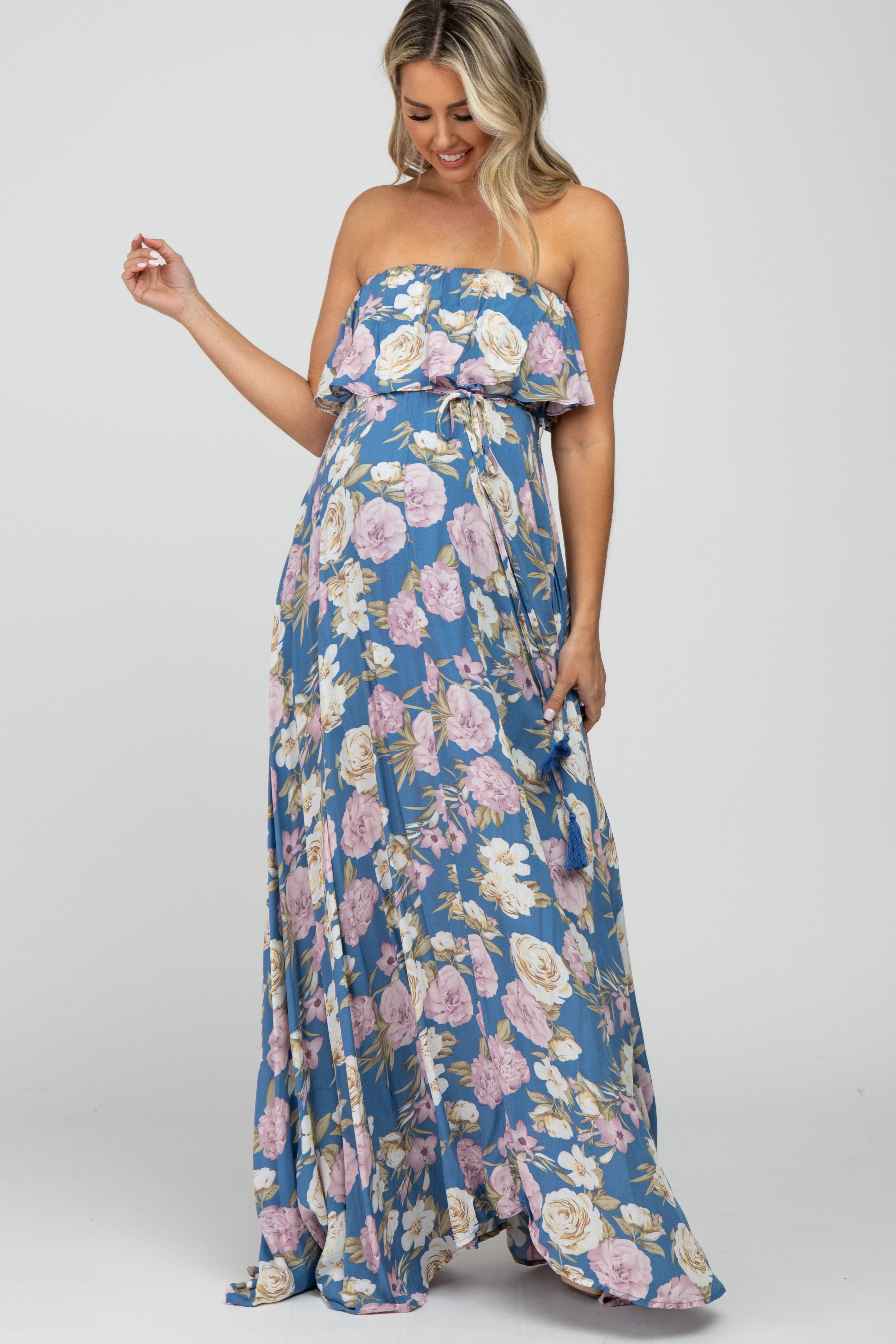 Blue Floral Strapless Ruffle Front Maternity Maxi Dress sold by Pinkblush