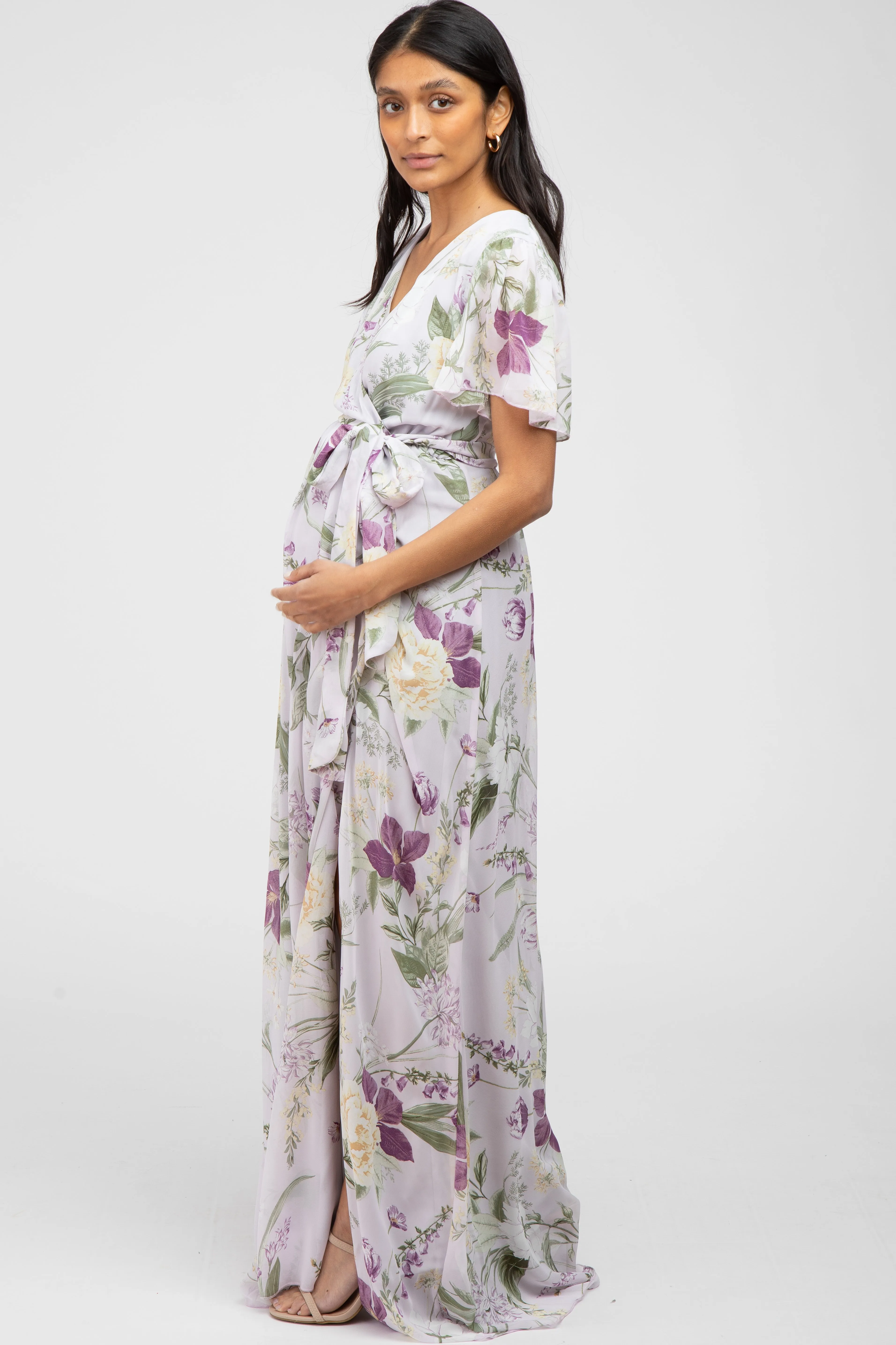 Lavender Floral Chiffon Short Sleeve Maternity Maxi Dress sold by Pinkblush product image thumbnail 2