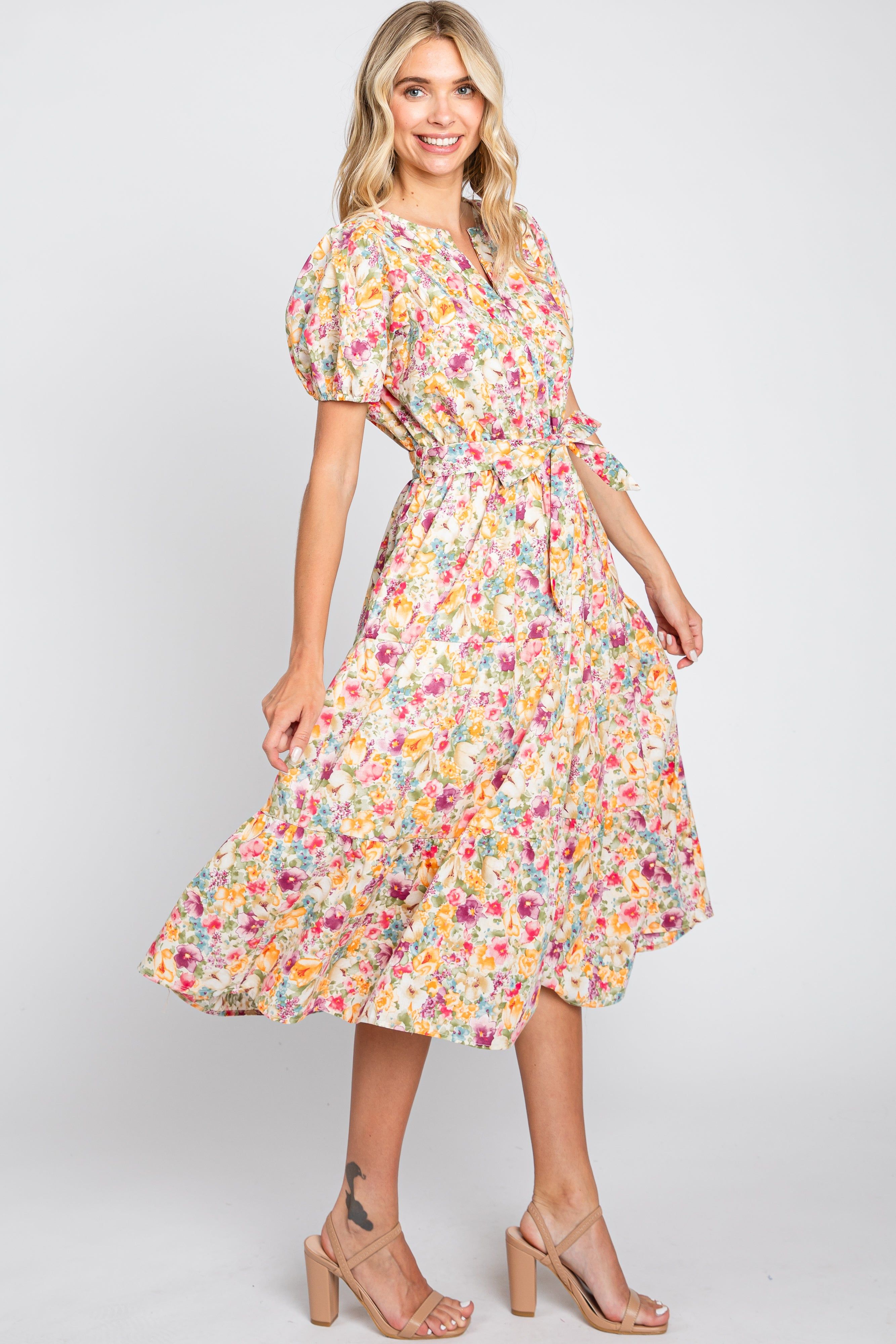 Lavender Floral Puff Sleeve Tiered Midi Dress sold by Pinkblush product image thumbnail 2