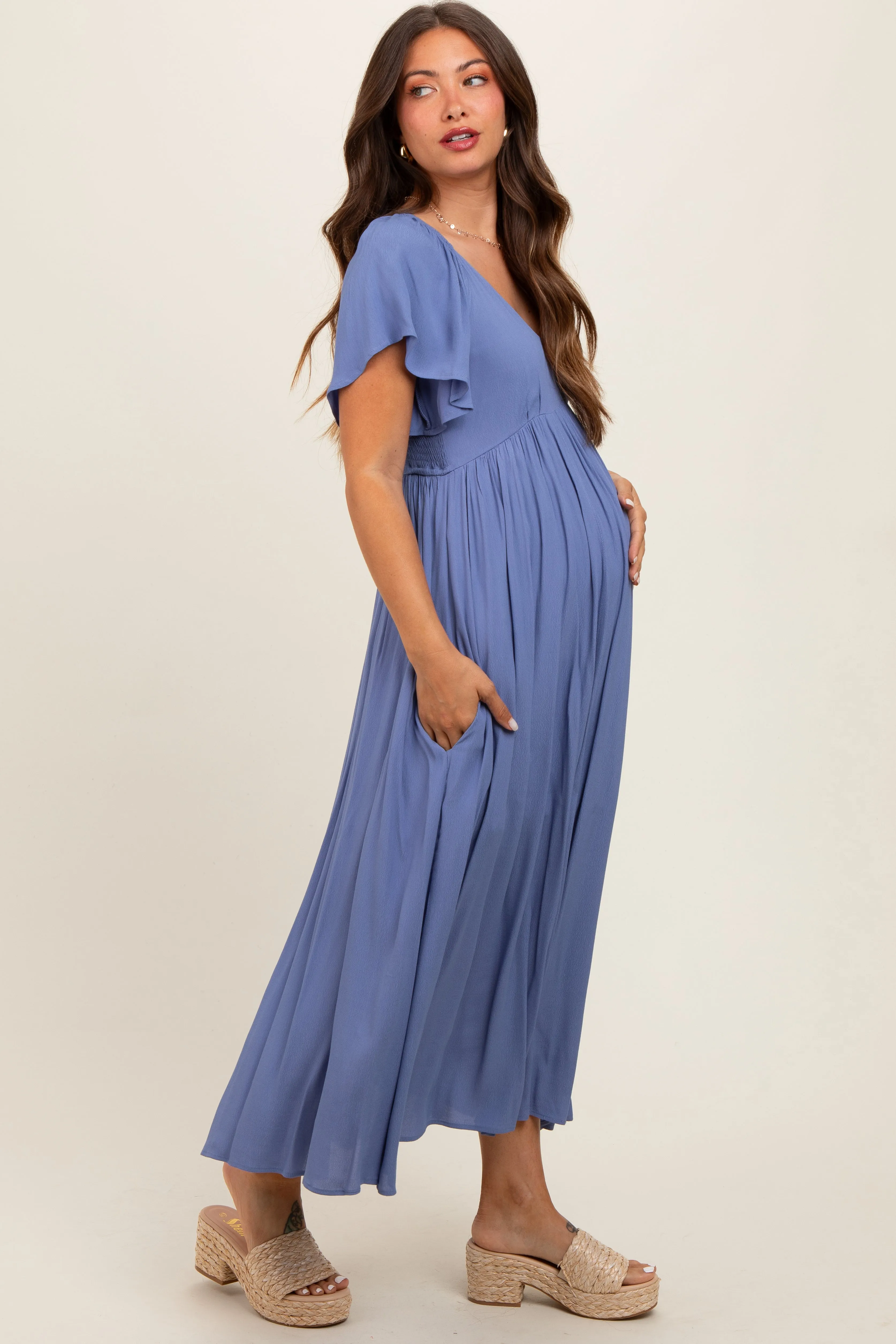 Blue V-Neck Flutter Short Sleeve Maternity Midi Dress sold by Pinkblush product image thumbnail 3
