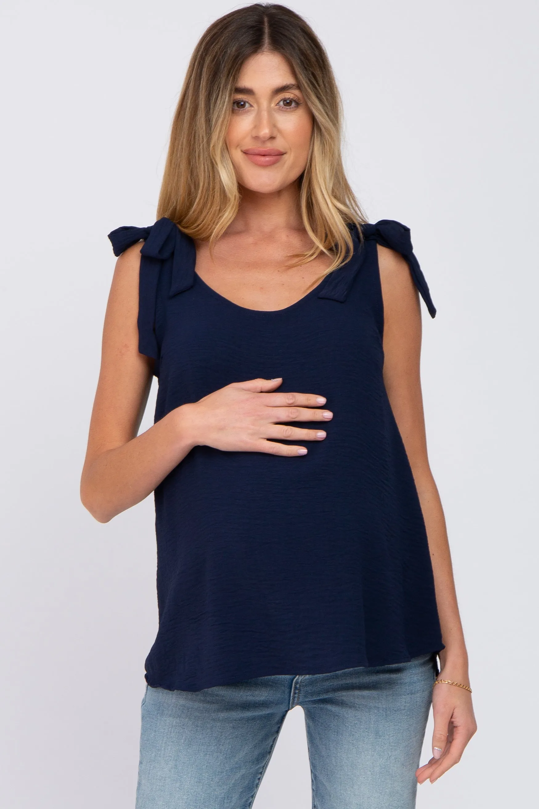 Navy Blue Shoulder Bow Maternity Tank Top sold by Pinkblush