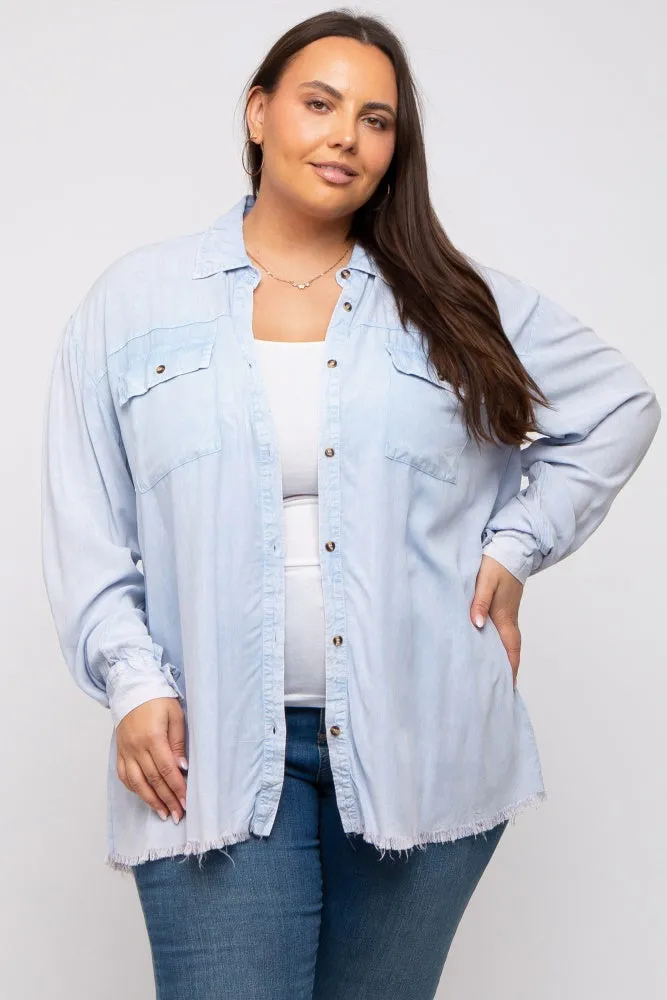 Light Blue Button Up Fringe Hem Plus Top sold by Pinkblush product image thumbnail 2