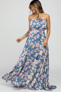 Blue Floral Strapless Ruffle Front Maternity Maxi Dress sold by Pinkblush