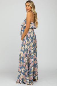 Blue Floral Strapless Ruffle Front Maternity Maxi Dress sold by Pinkblush