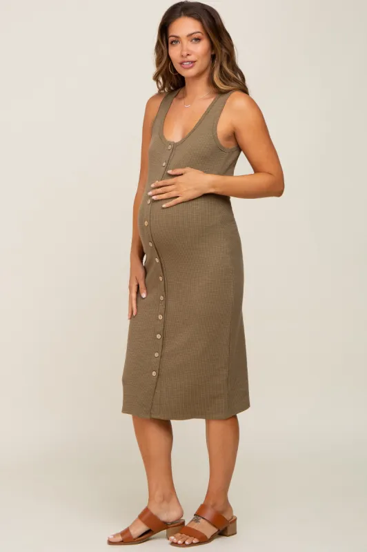Olive Ribbed Button Front Maternity Midi Dress sold by Pinkblush