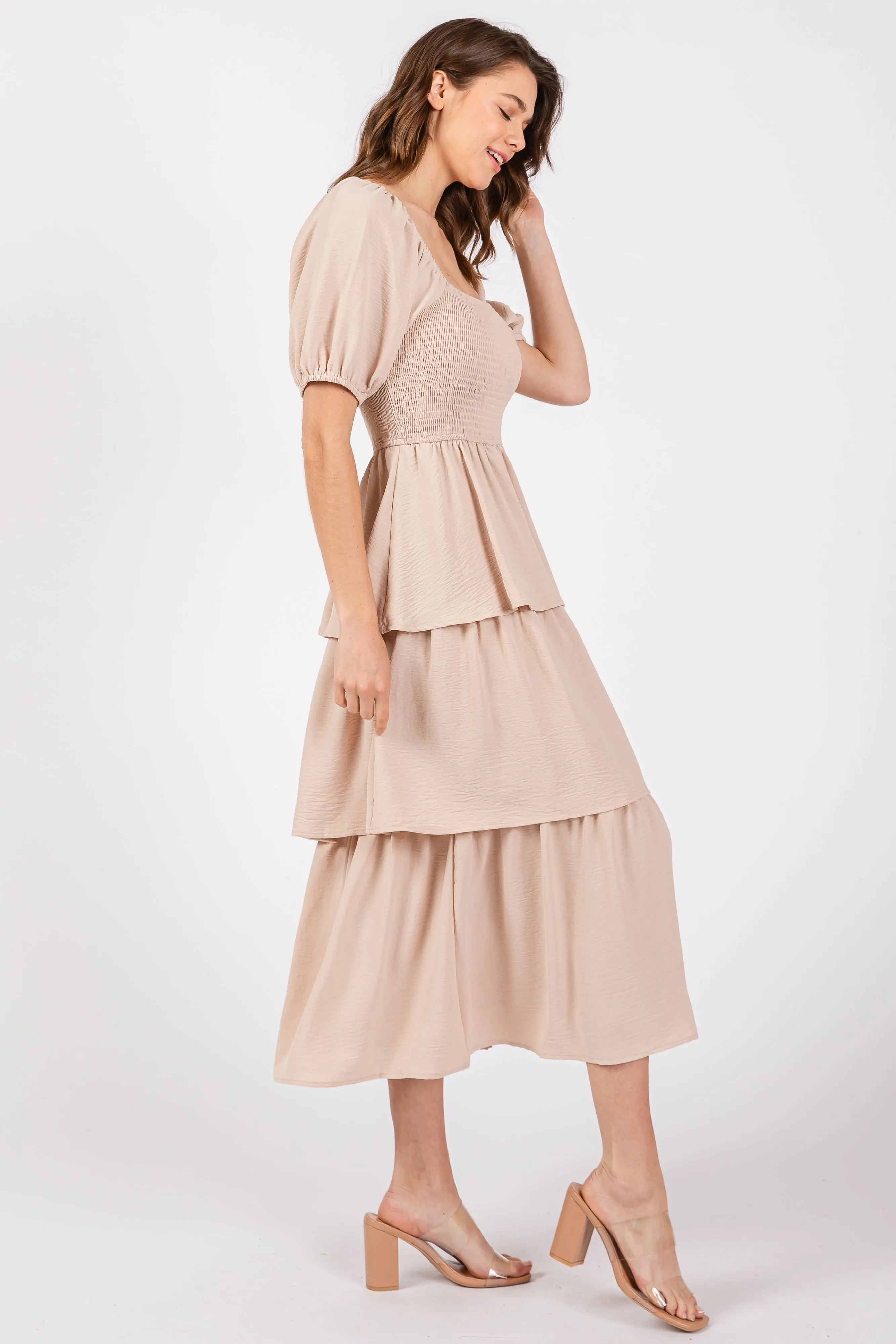 Beige Smocked Square Neck Short Puff Sleeve Ruffle Tiered Midi Dress sold by Pinkblush product image thumbnail 2